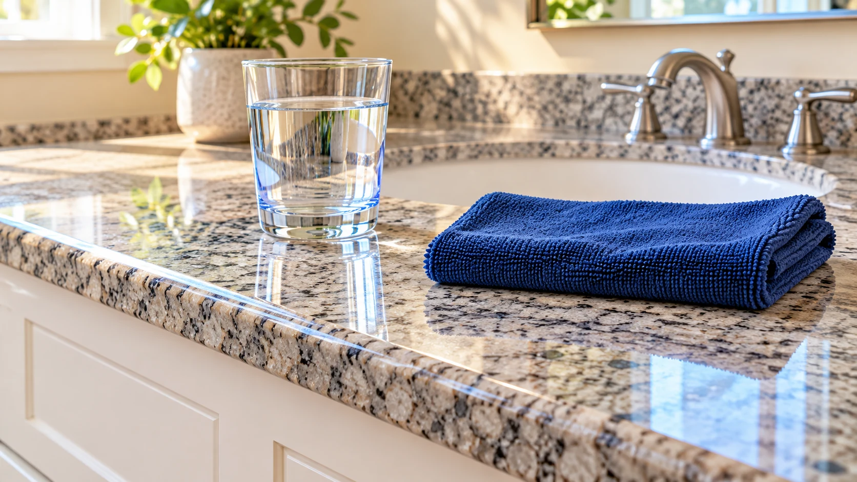 A water glass and folded navy cloth sit on a speckled granite bathroom vanity beside a white basin.