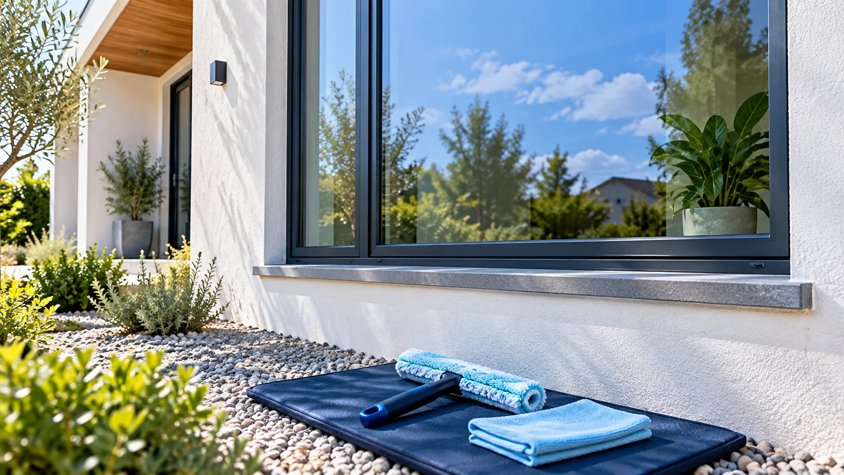 Reachable exterior window reflecting trees and sky, with a short soft washer and cyan cloth on a navy mat below.