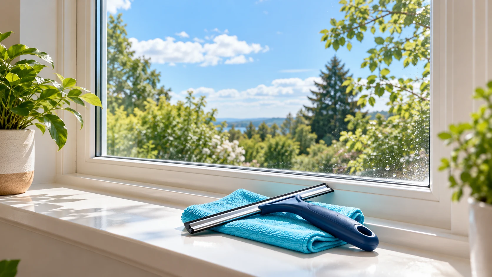 Navy squeegee and cyan microfiber cloth on a bright window sill below glass reflecting blue sky and greenery.