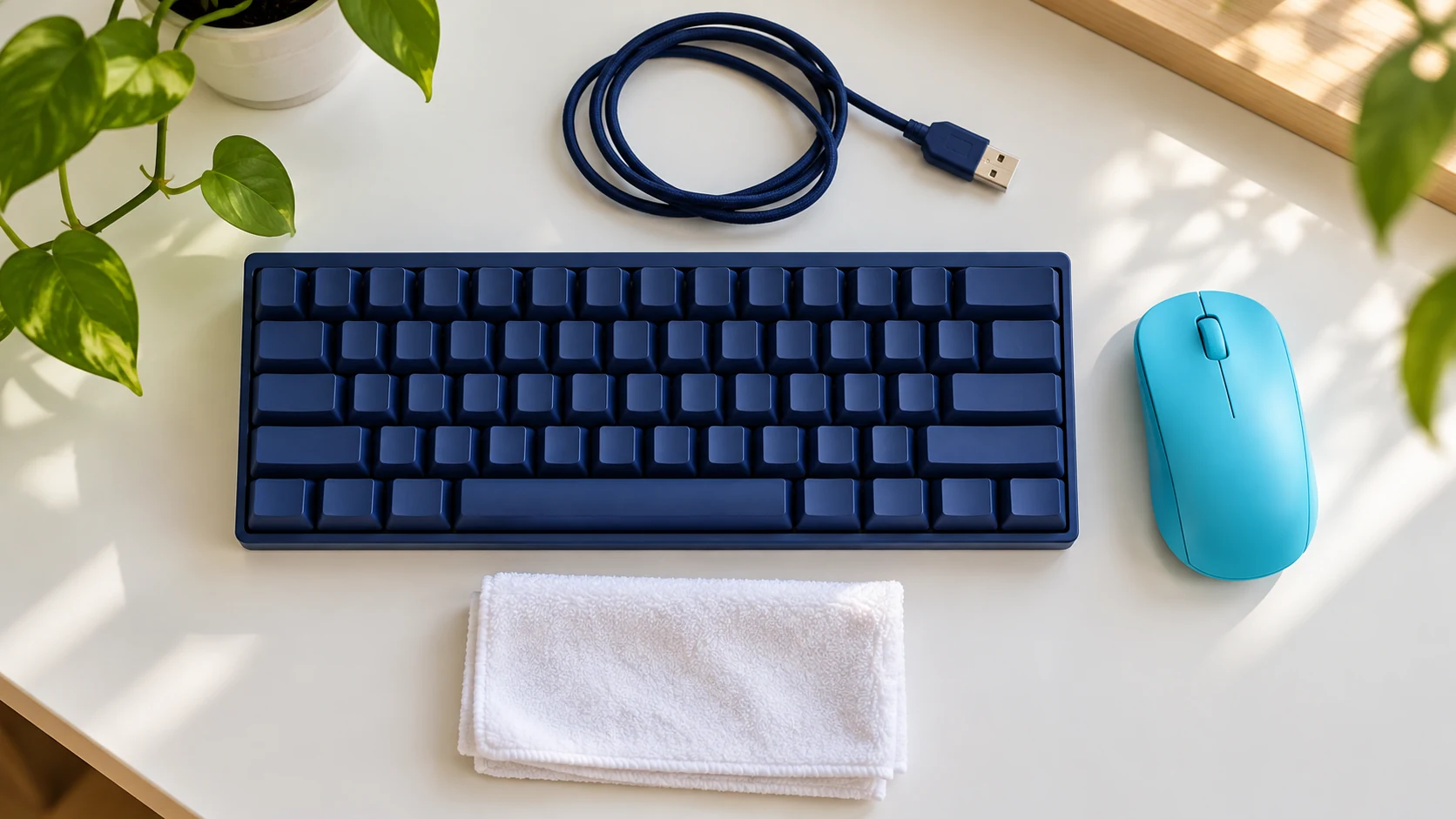 Blank-key compact navy keyboard, cyan mouse and dry white microfiber cloth with an unplugged USB cable.