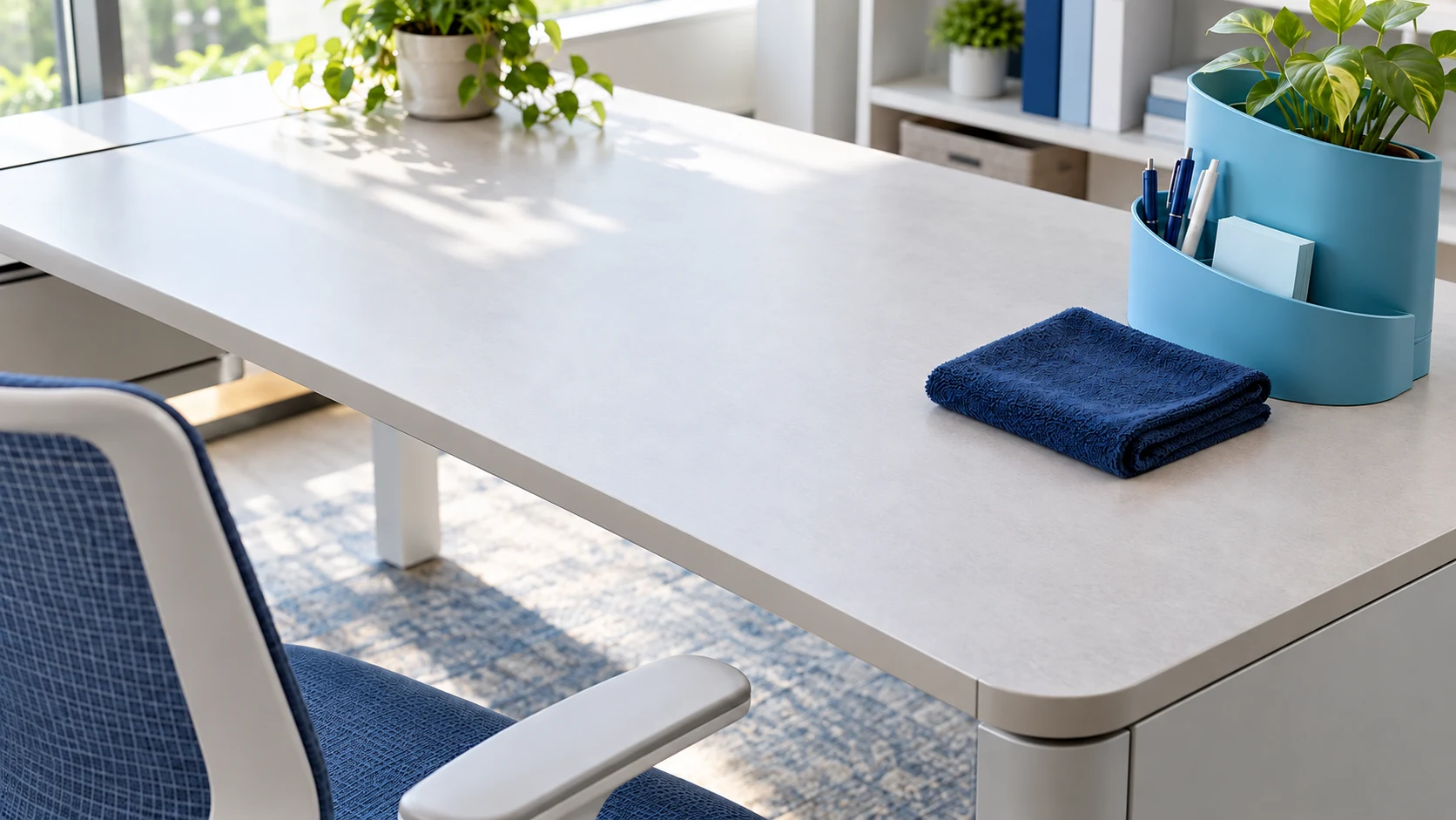 Light laminate office desk with a rounded edge, cyan organizer and navy microfiber cloth.