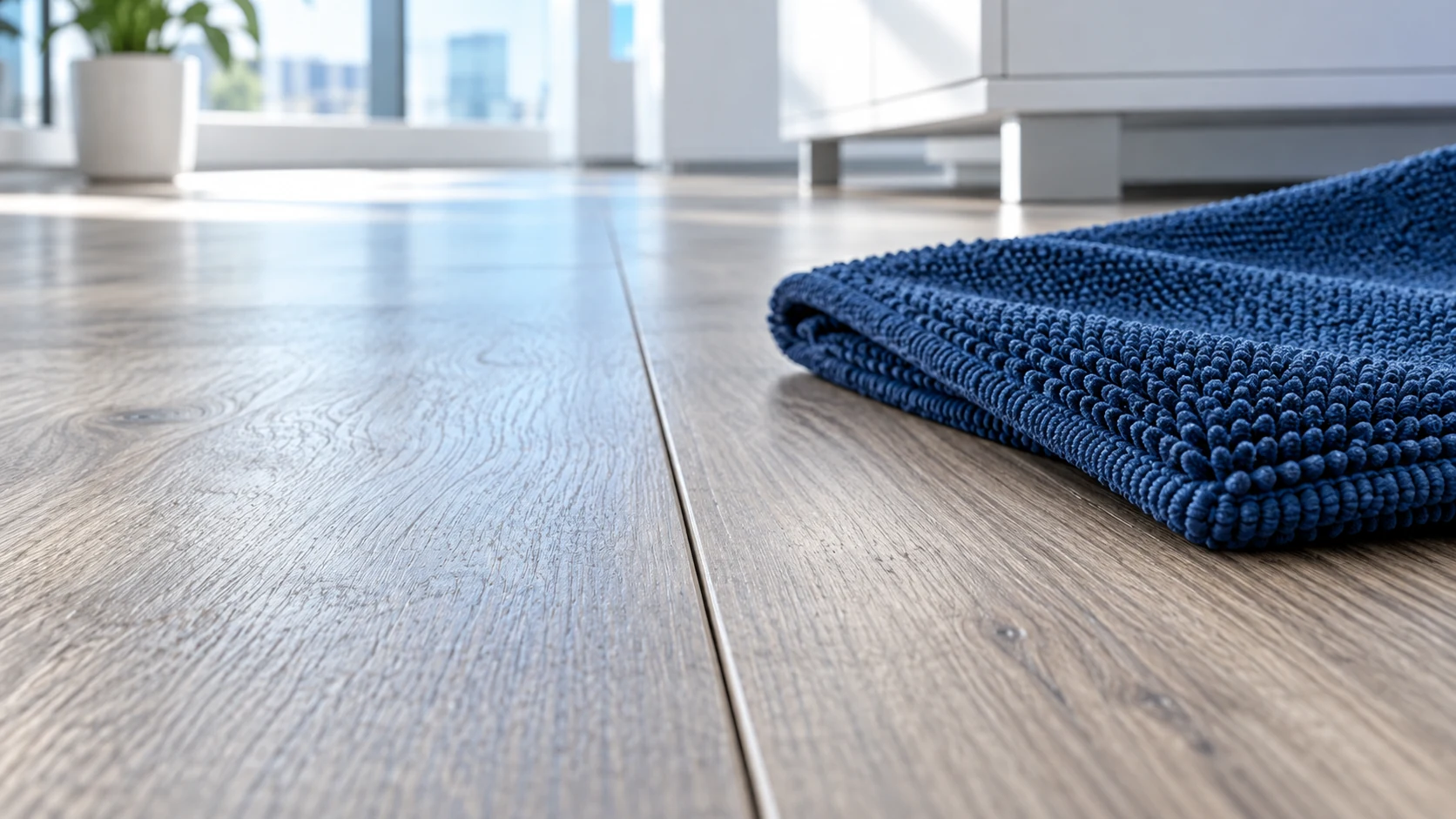 Close study of a dry laminate plank seam beside a folded navy microfiber pad in a bright office.