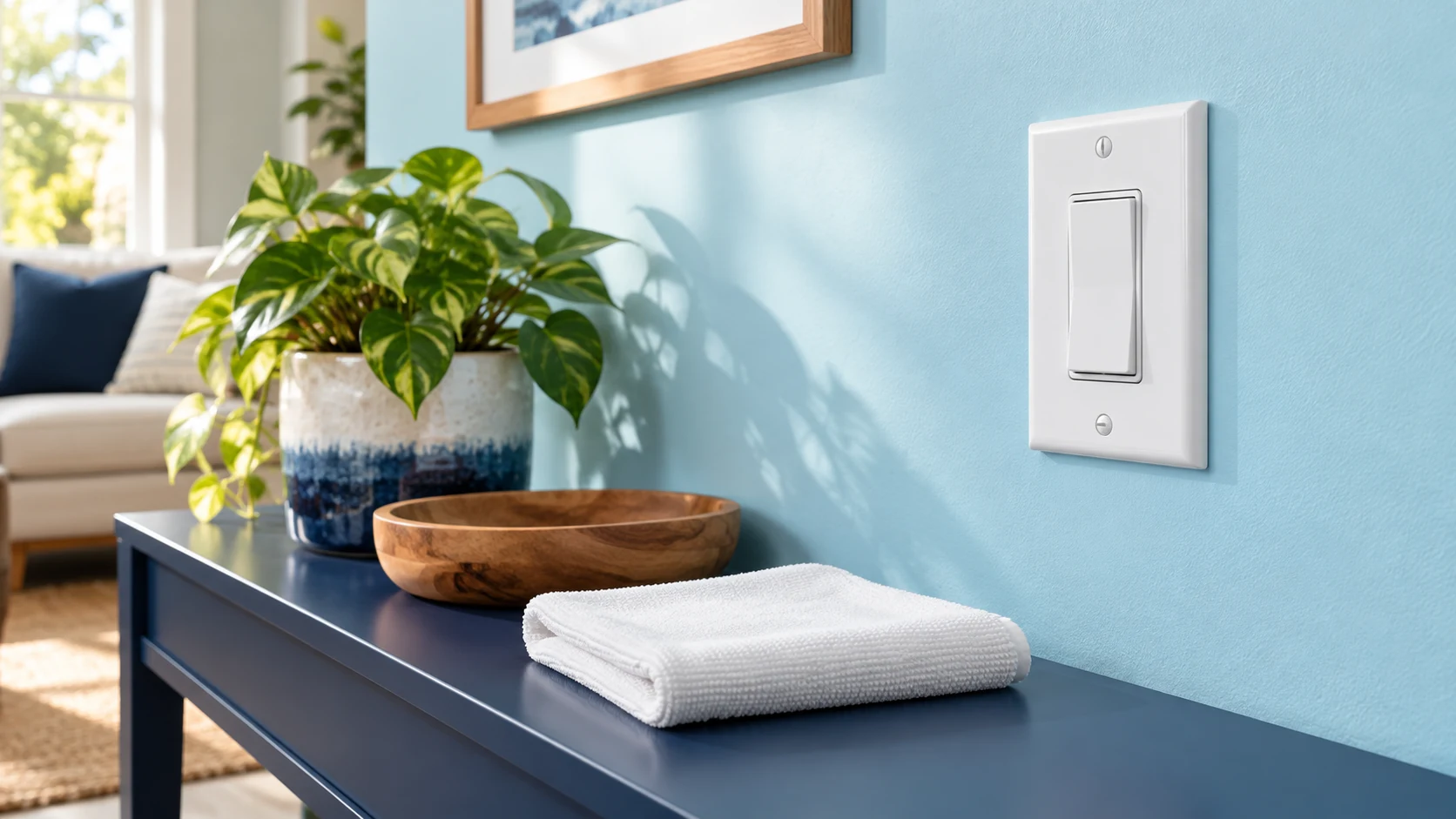 Intact white rocker switch on a pale cyan wall above a dry folded cloth on a navy console.