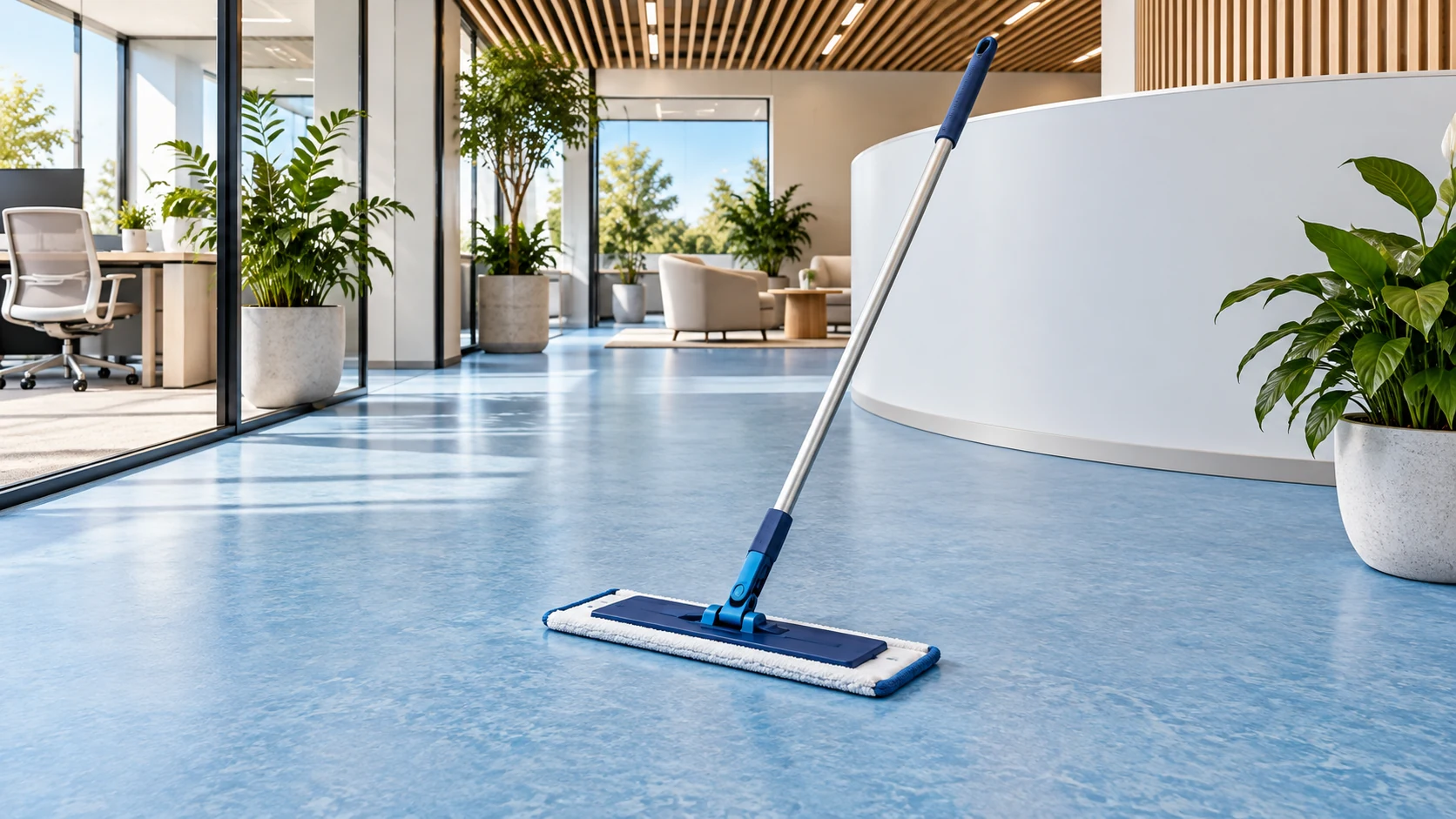 Navy flat mop resting on muted sky-blue linoleum beside a curved white office partition.