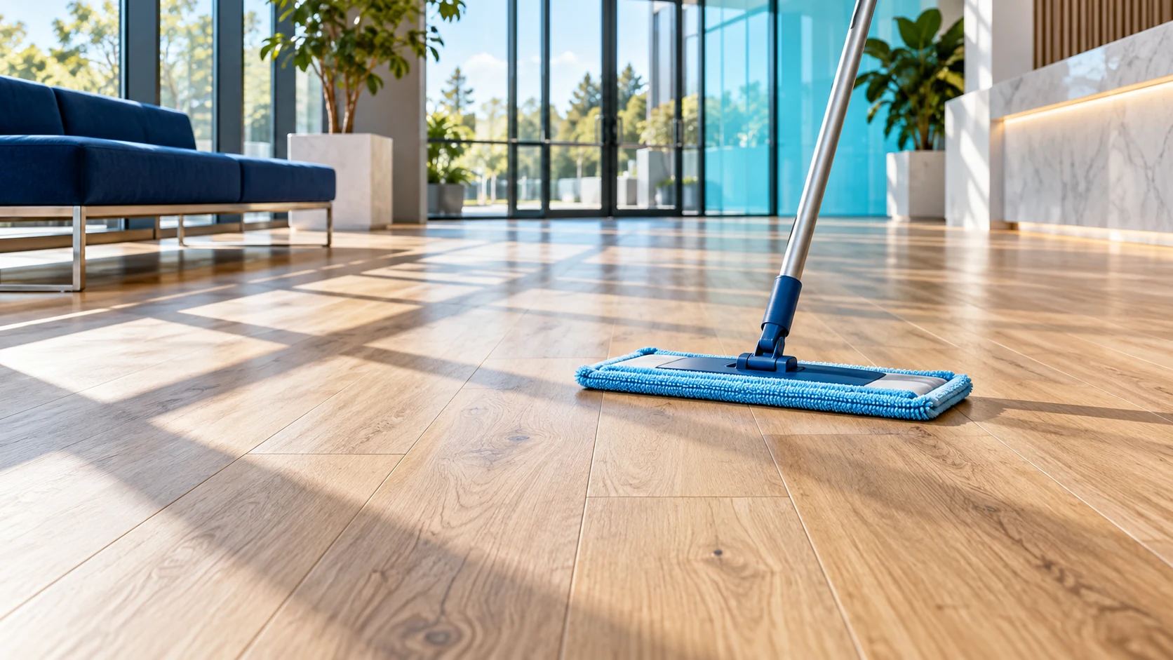 Sky-blue microfiber flat mop resting on dry wood-tone vinyl planks in a sunlit modern office lobby.