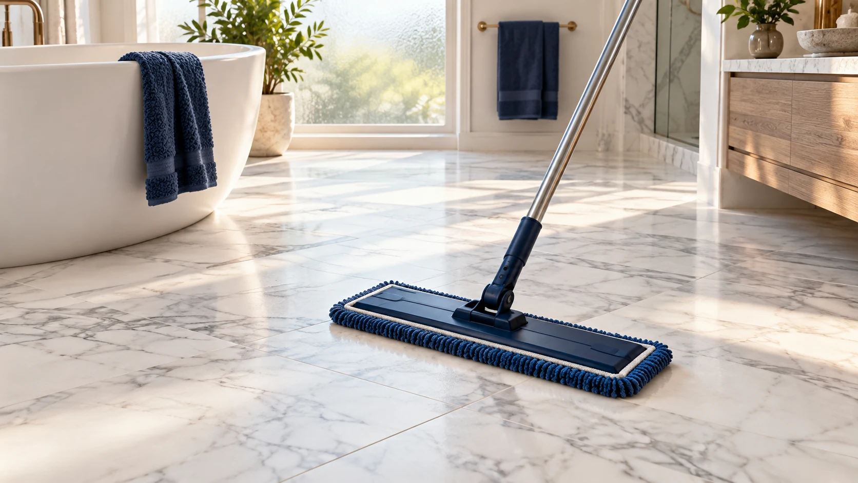 A navy microfiber mop rests on a sunlit white marble bathroom floor with subtle gray veining.