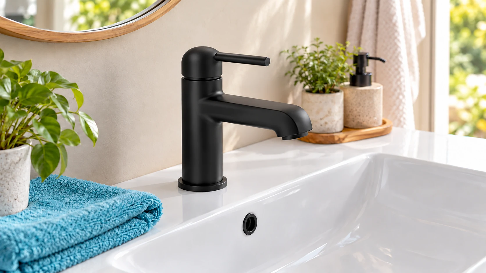 Matte-black bathroom faucet with a smooth rounded control above a white basin beside a cyan towel.