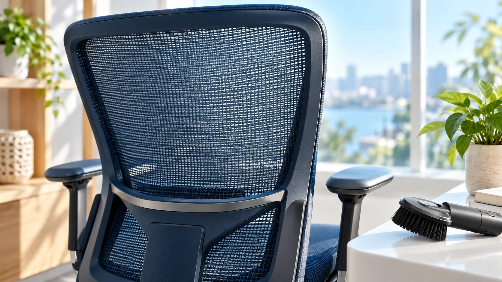 Close rear view of a navy mesh chair with a soft brush attachment on a white side table.