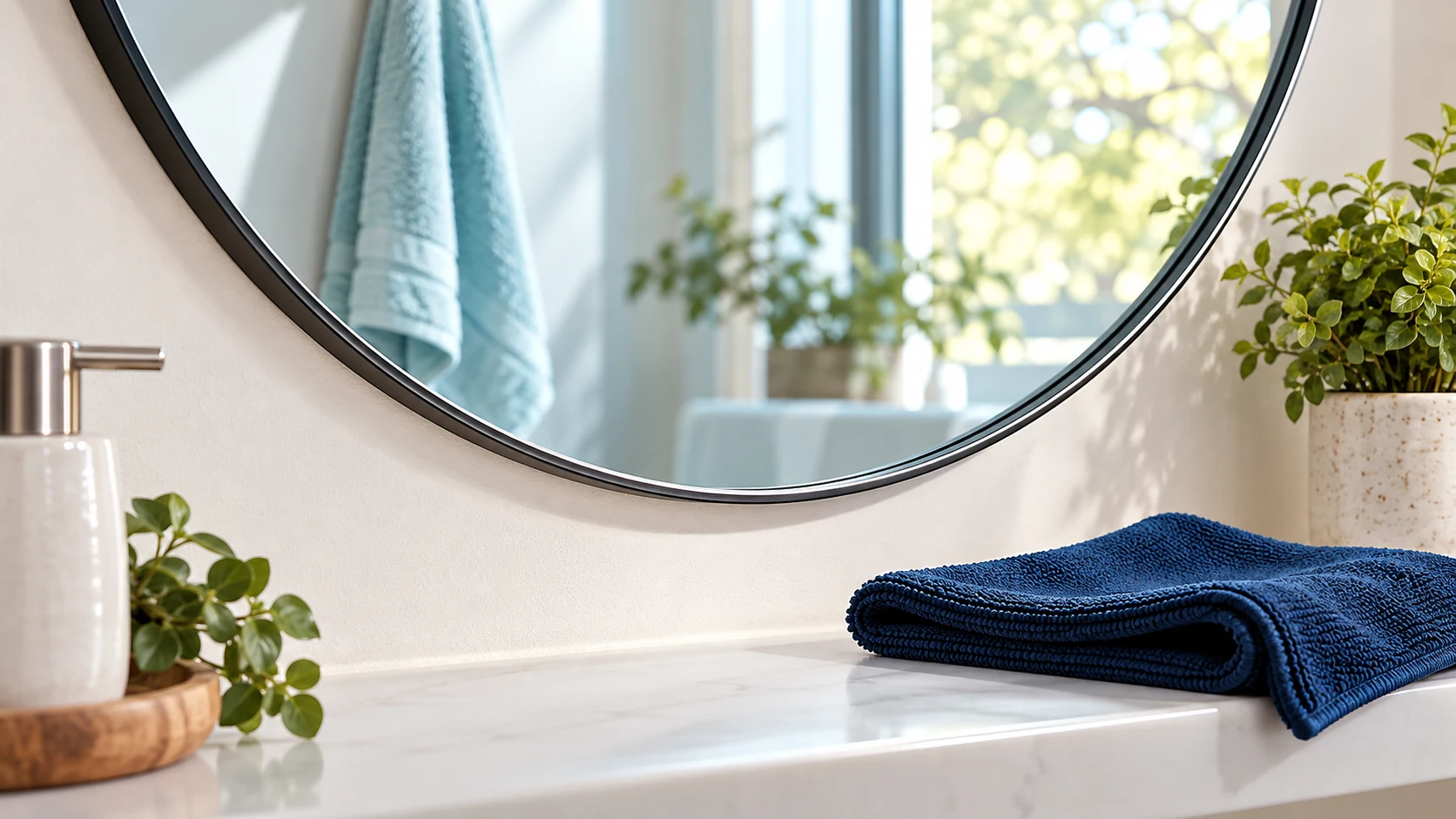 Dry lower edge of a round mirror above a white ledge with a folded navy microfiber cloth.