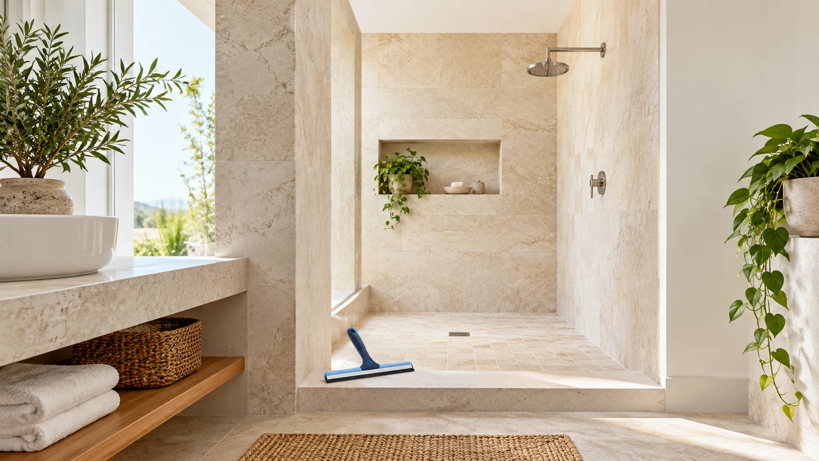 A blue-handled squeegee rests outside an airy shower clad in pale honed natural stone.