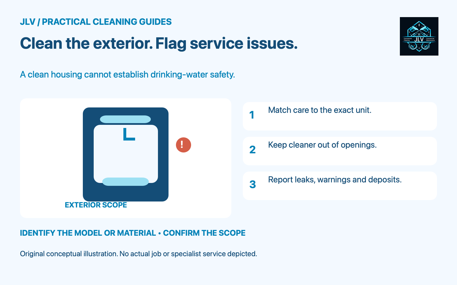 A bottle-filling station diagram separates accessible exterior care from service warnings.