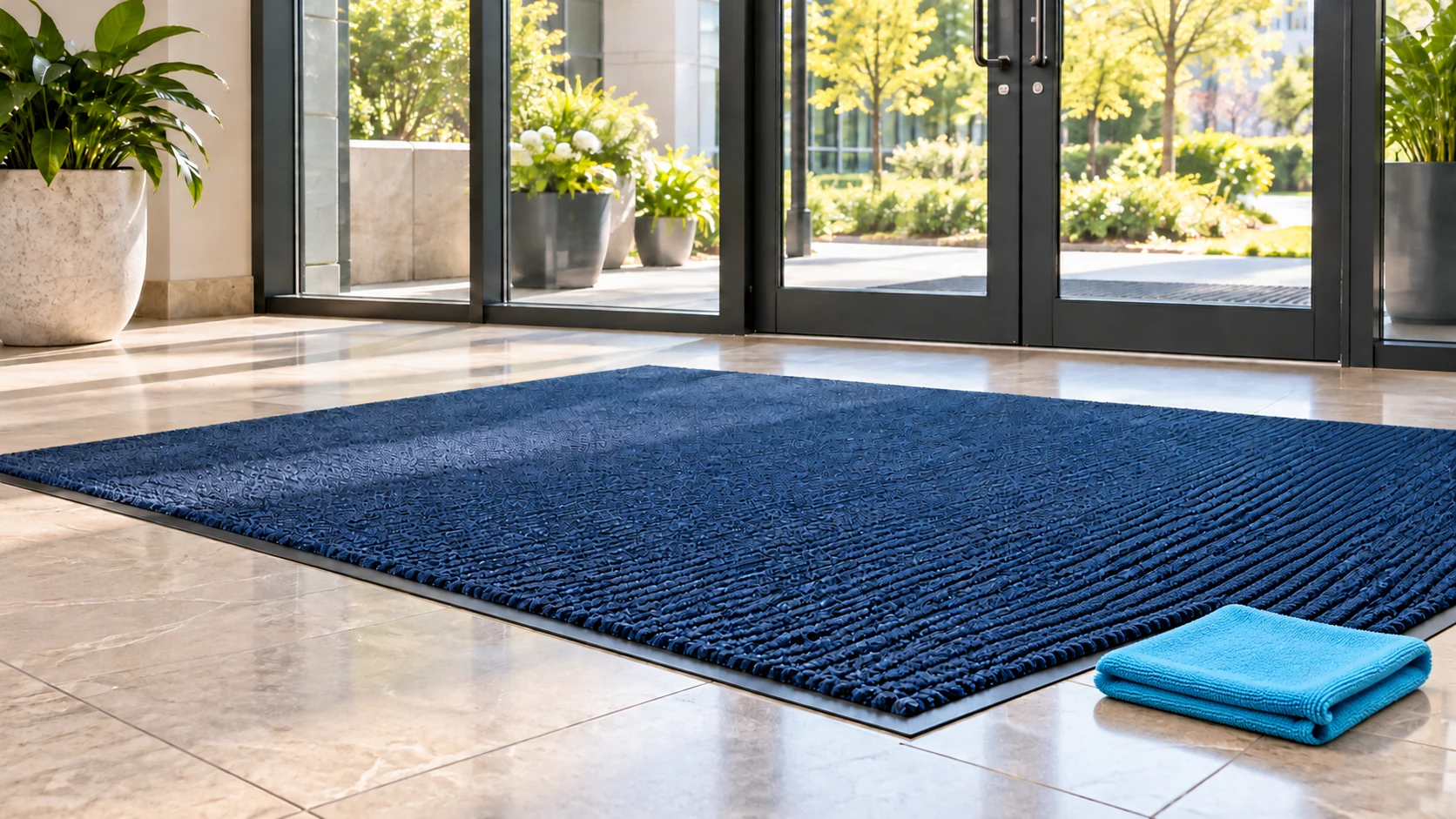 Flat navy entrance mat with a folded cyan microfiber cloth beside it in a bright glass-fronted foyer.