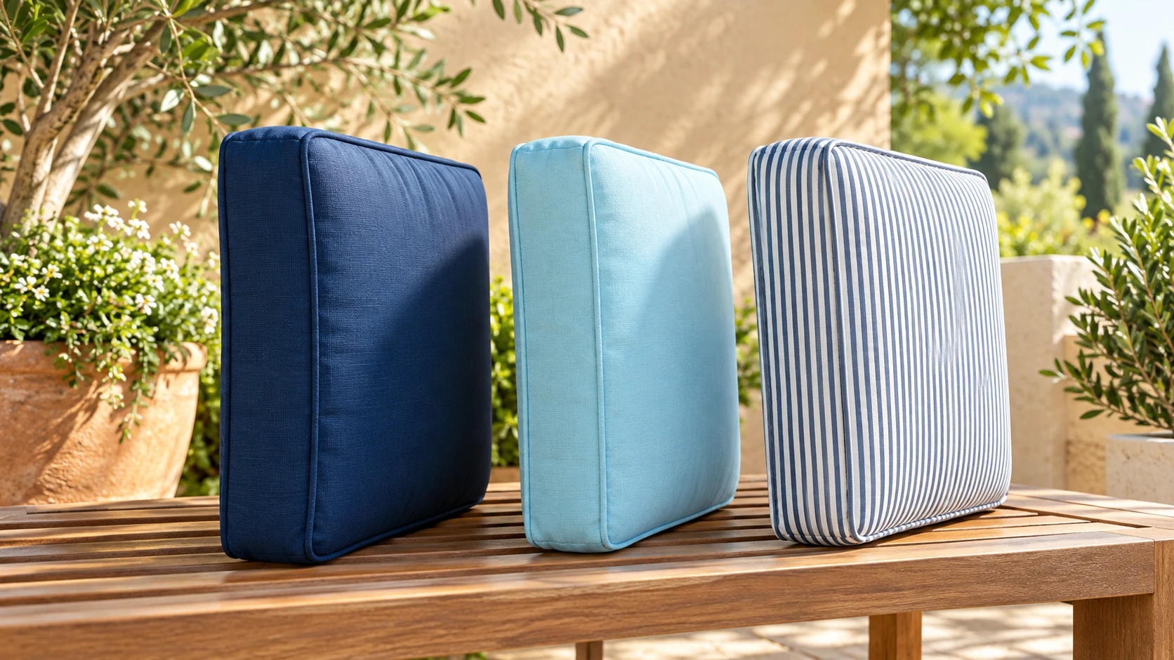 Three blue and white outdoor cushions standing on their edges in bright shade.
