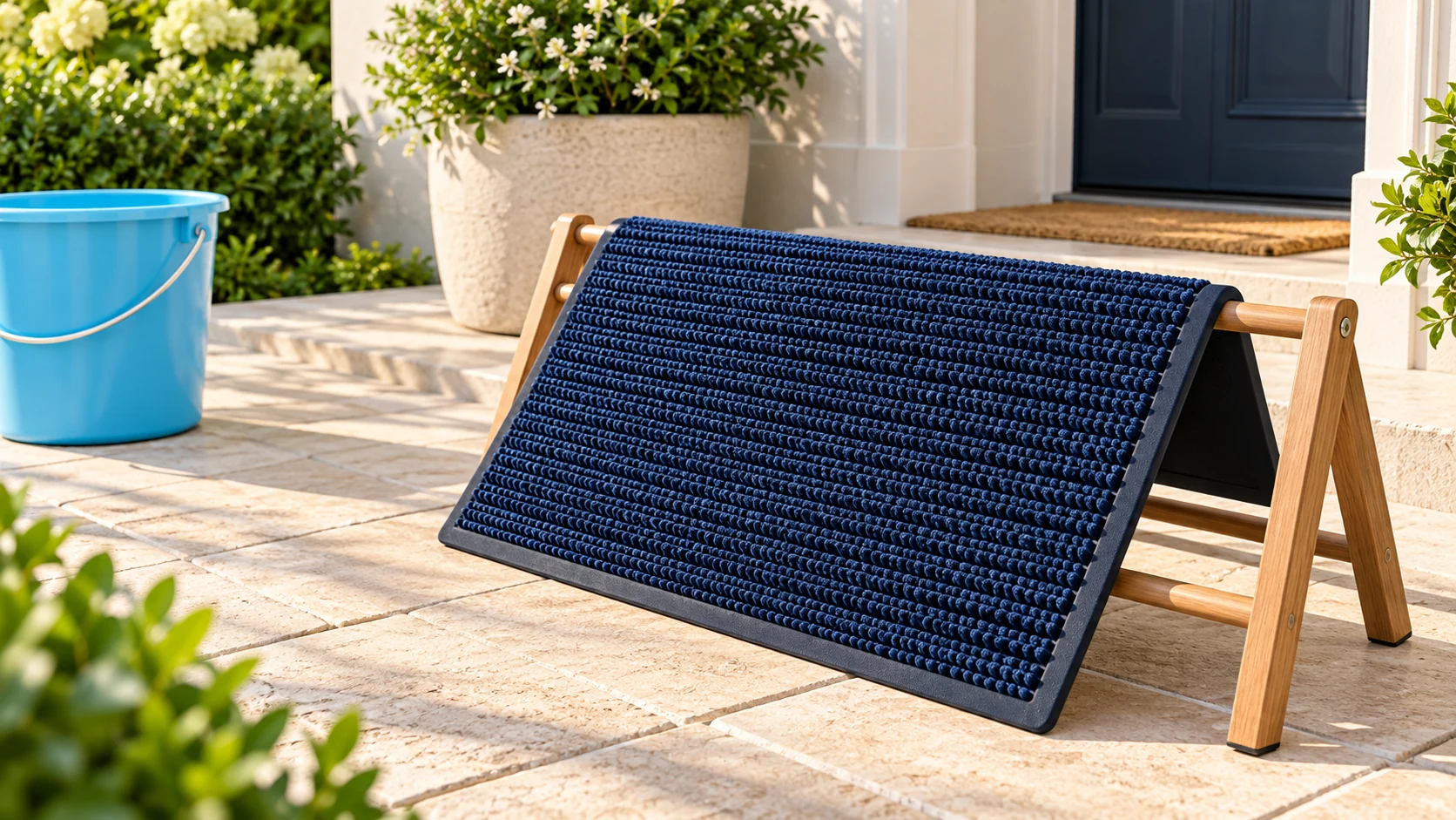 Navy textured outdoor entry mat supported on a low rack beside a cyan bucket.