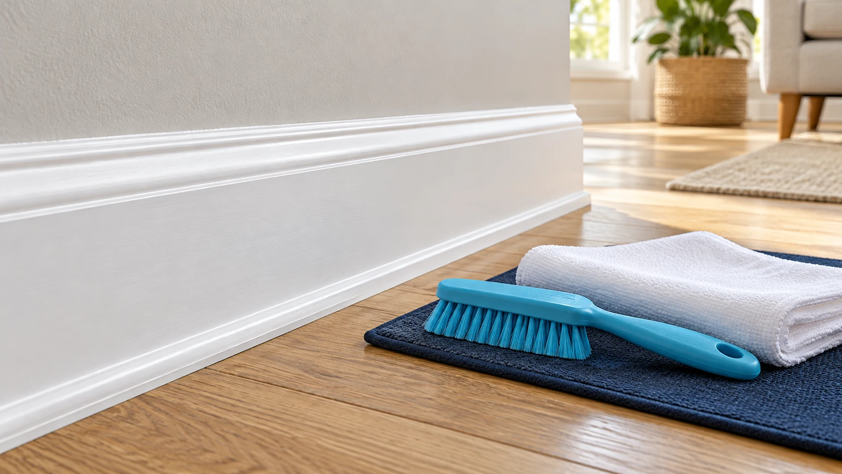 Cyan soft brush and white cloth on a protective mat beside an intact white baseboard and wood floor.