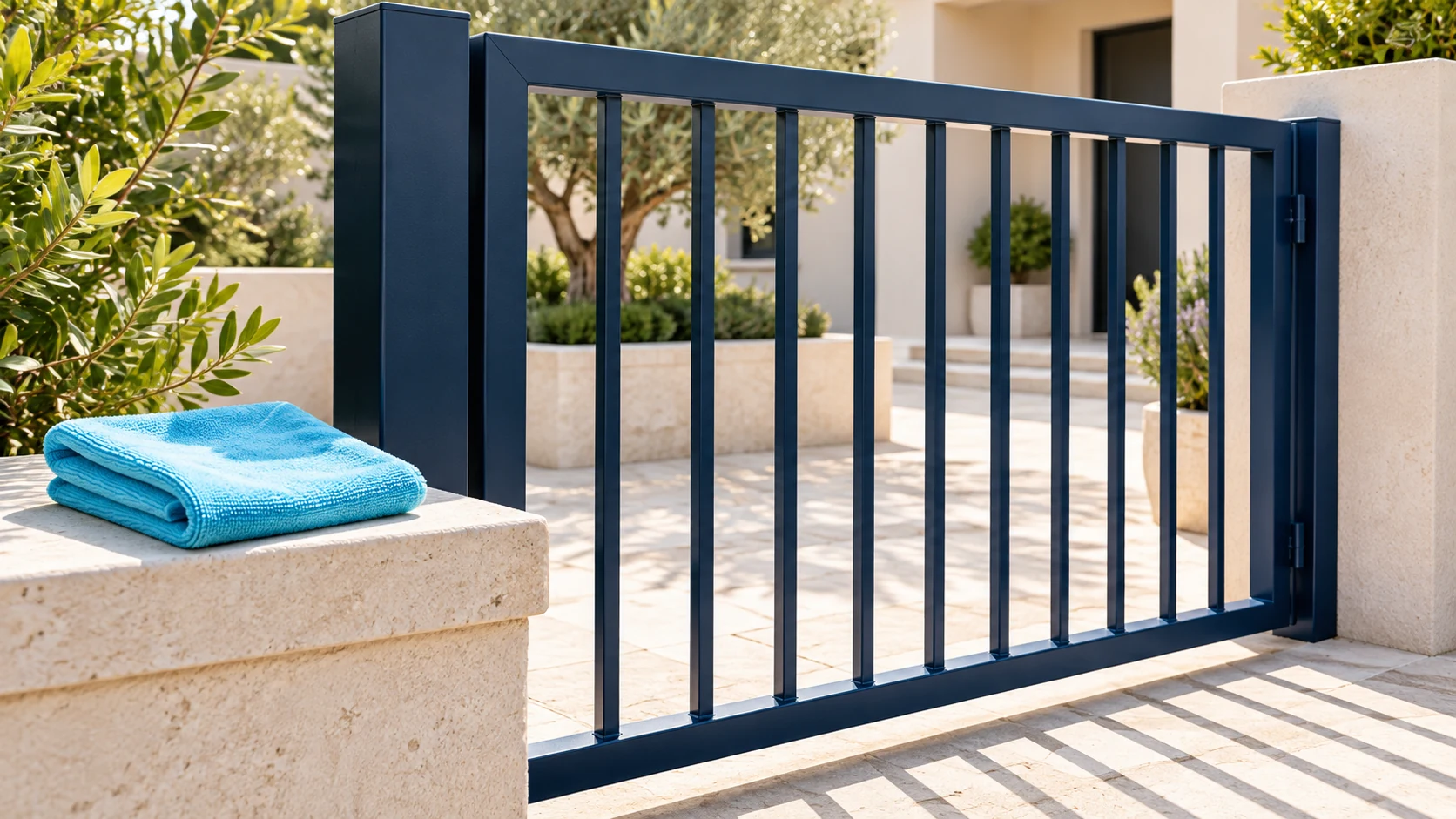 Intact navy metal gate with a cyan microfiber cloth on a nearby stone surface.