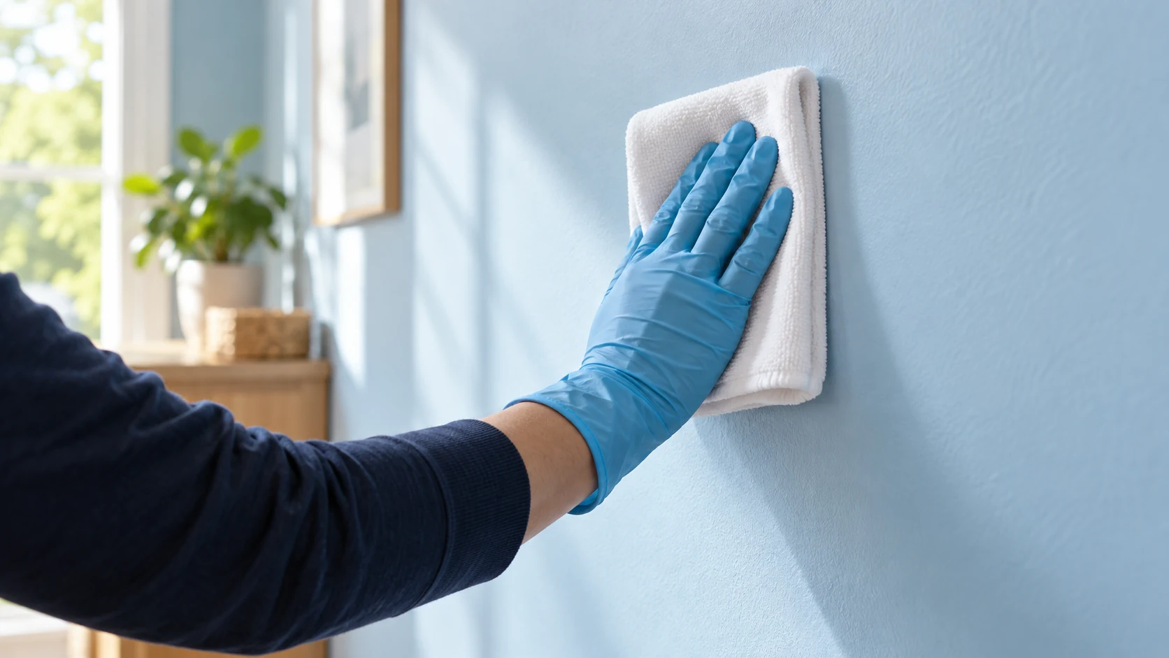 Blue-gloved hand gently holding a white cloth against an intact pale-blue painted wall.