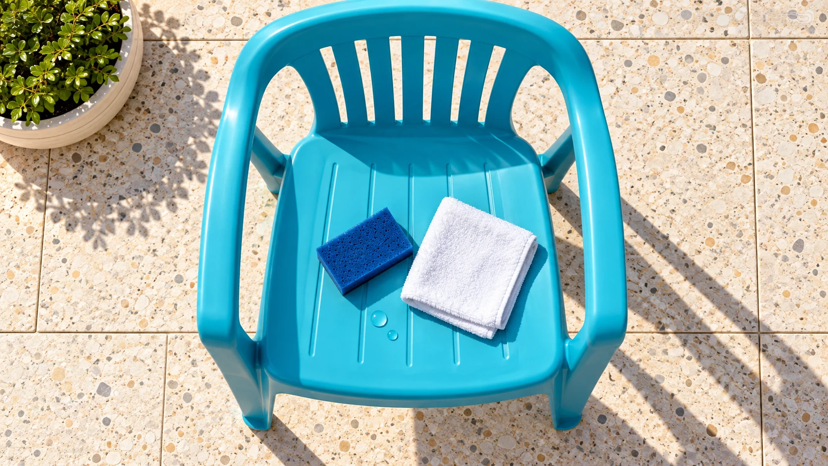 Overhead view of a cyan molded-plastic patio chair with a navy sponge and folded cloth.