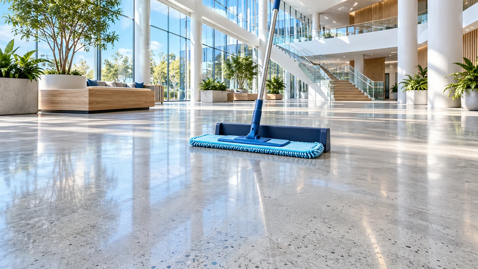 Polished light-gray concrete in a sunlit atrium with a cyan microfiber mop at rest.