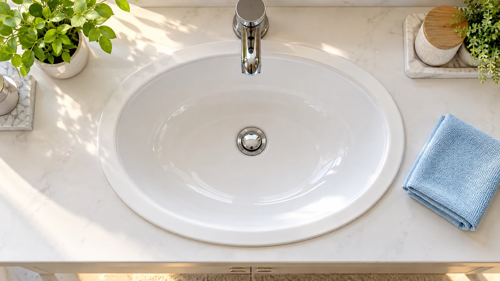 An overhead view of an oval white porcelain sink with a pale blue cloth beside the rim.