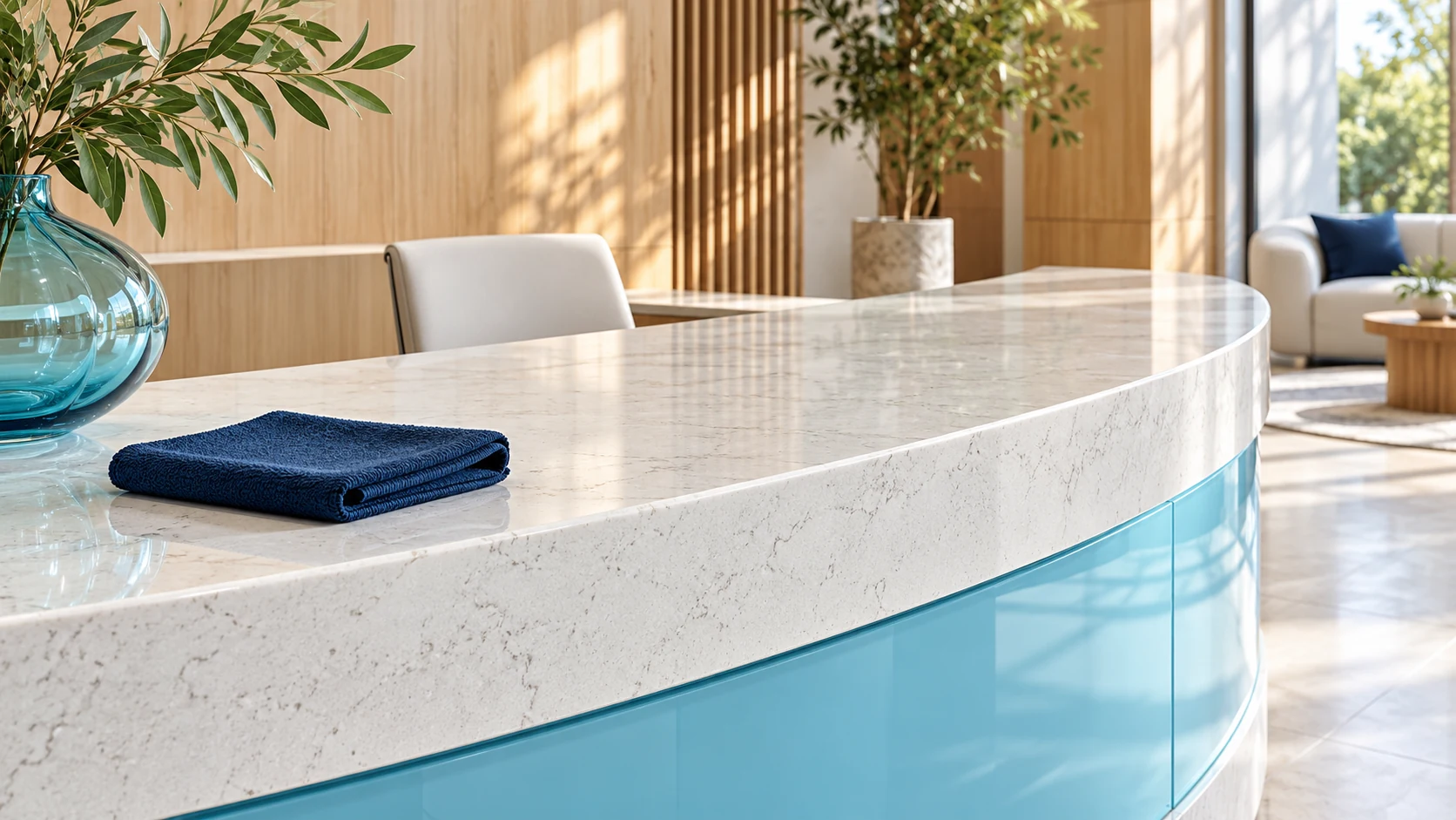 Pale quartz reception counter with a rounded edge, navy cloth and cyan glass accent.
