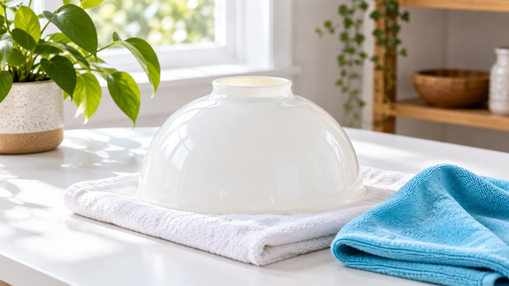 Detached opal-glass light shade resting on a protective white towel beside a cyan cloth.