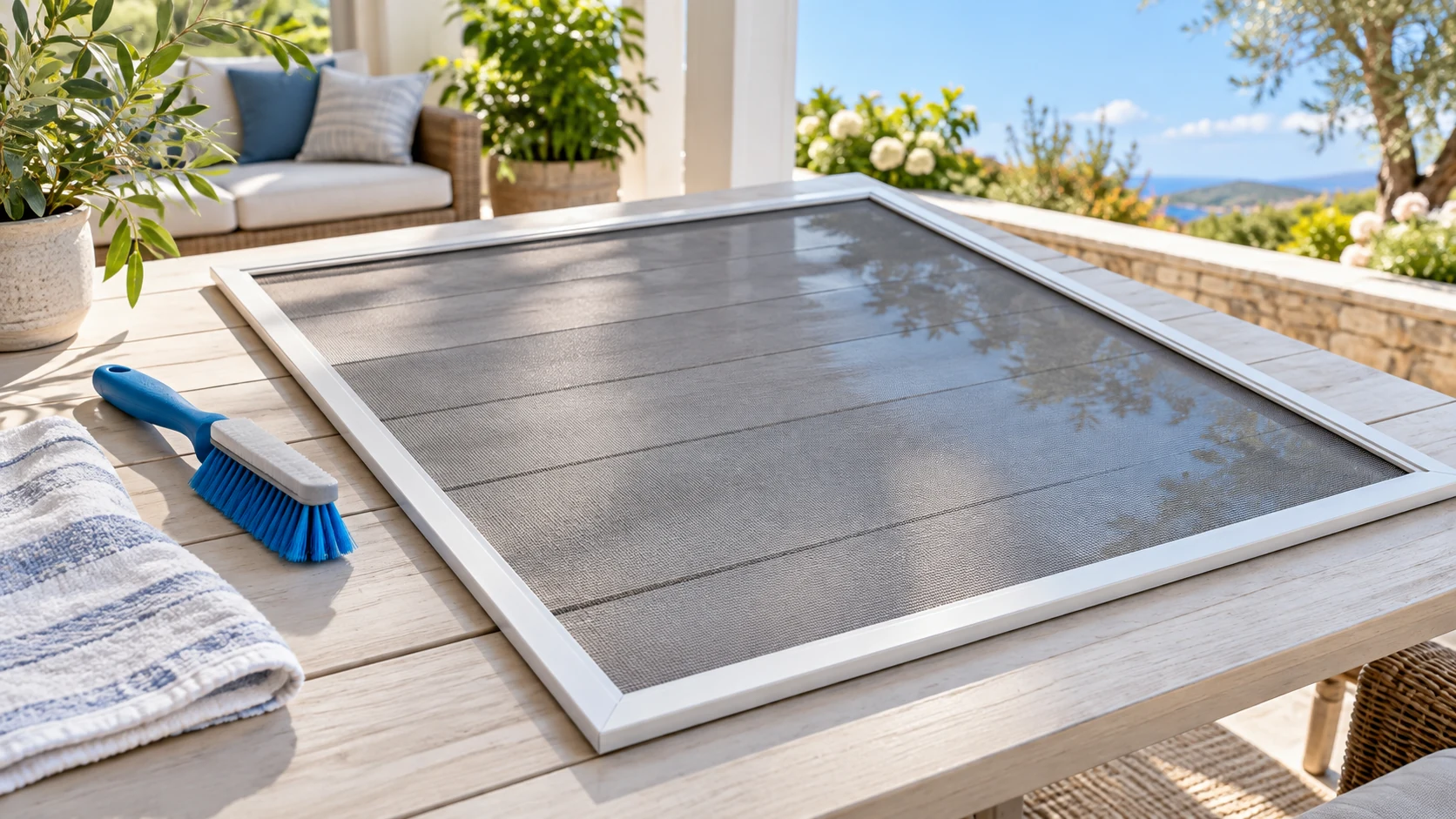 Removable insect screen supported flat on an outdoor table beside a blue soft brush.