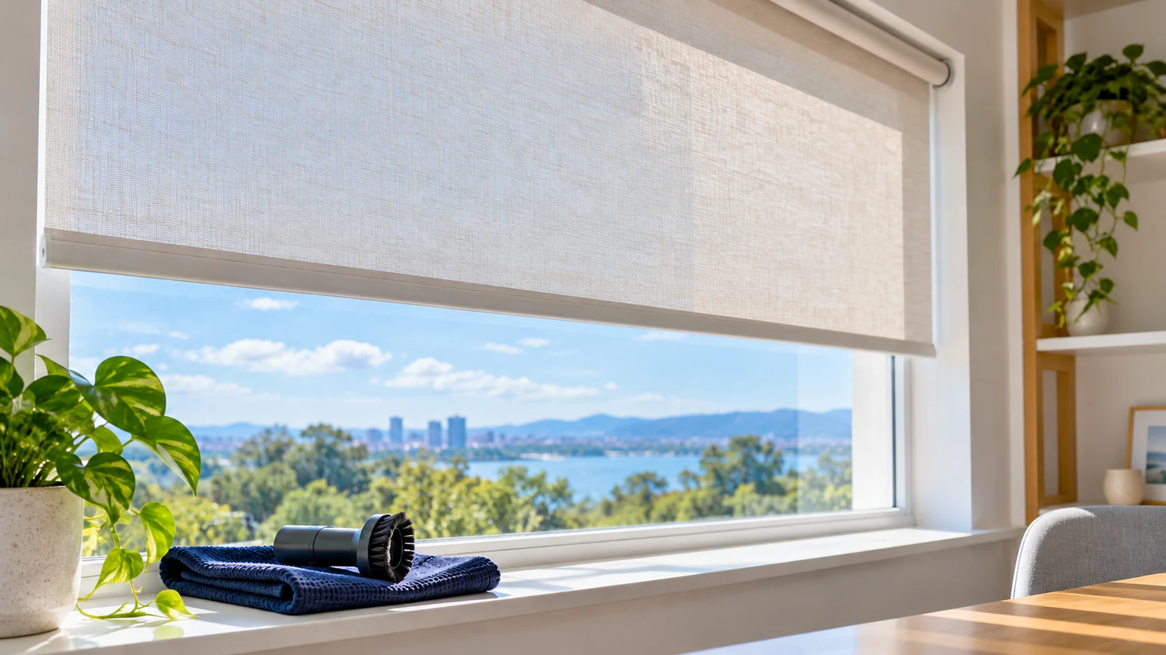Half-lowered woven roller blind above a window, with a soft vacuum brush attachment resting on a navy cloth.