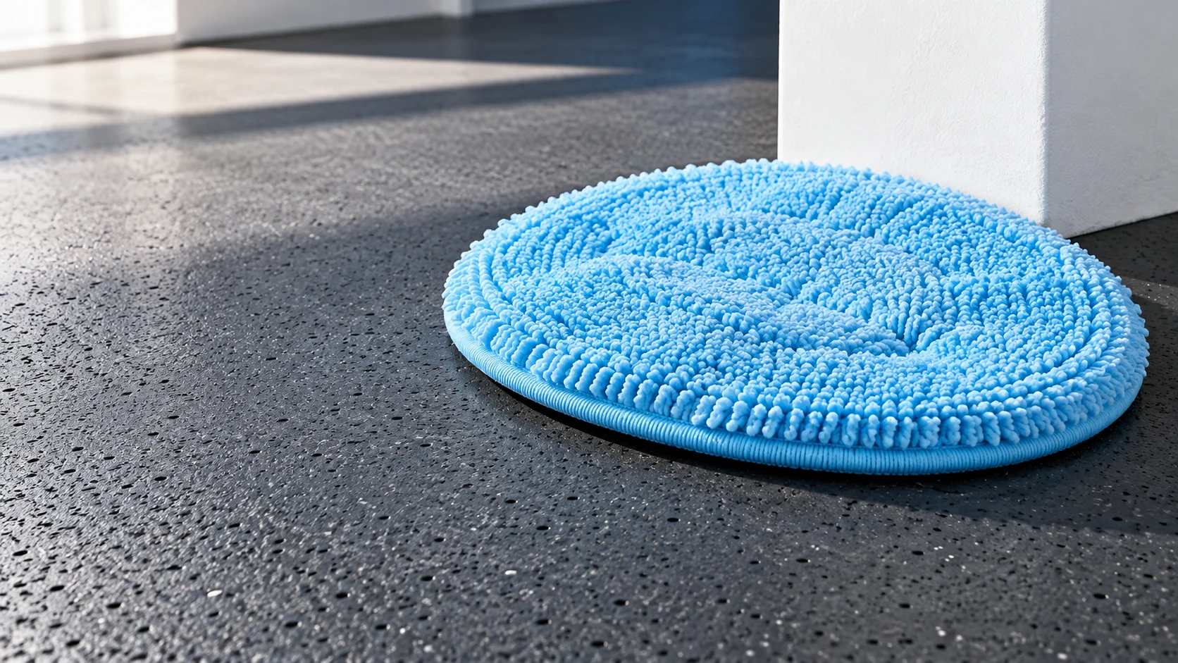 Cyan circular microfiber pad on finely textured charcoal rubber flooring.
