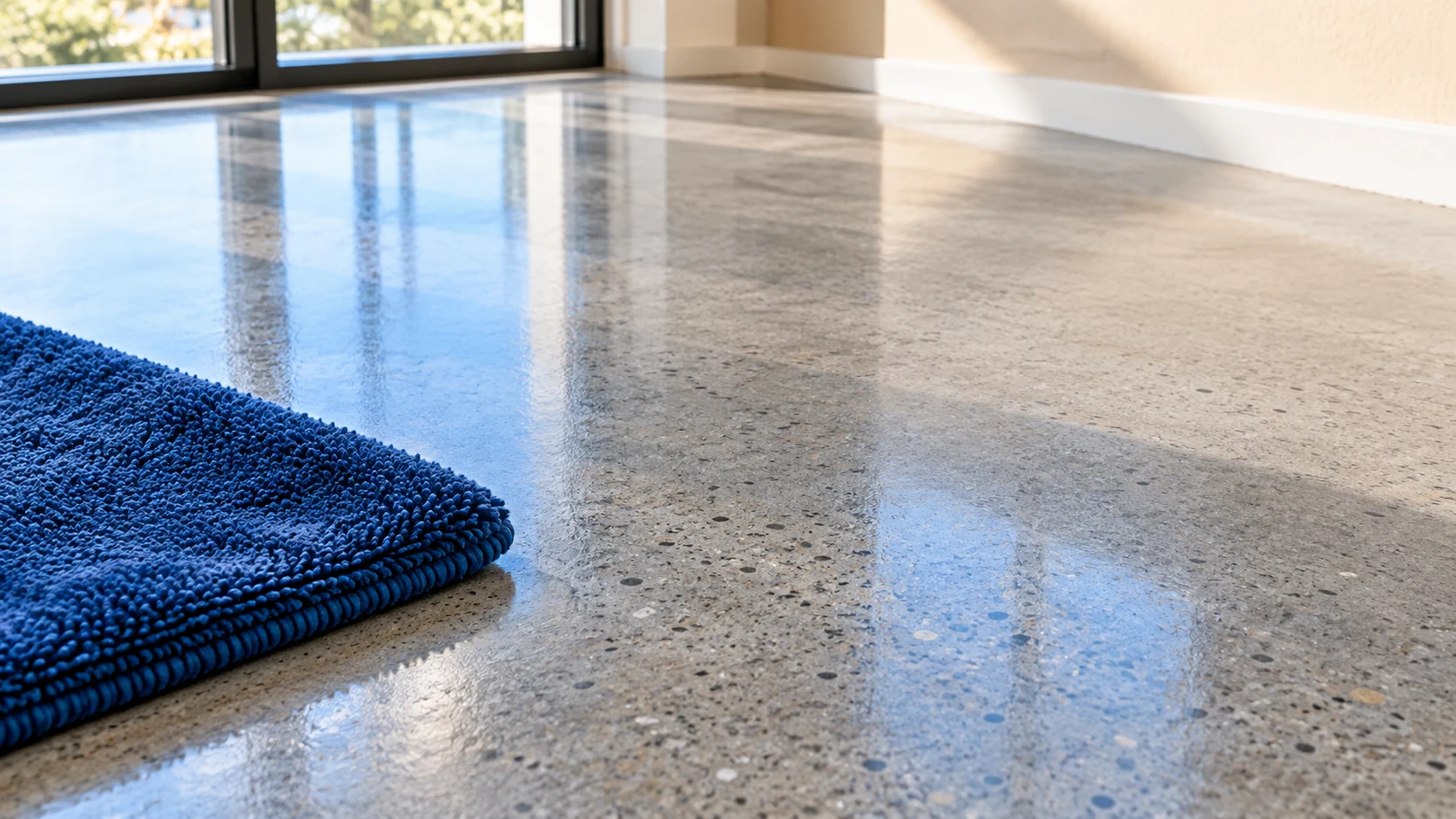 Navy microfiber pad on satin-sealed gray concrete with a soft pale-blue reflection.