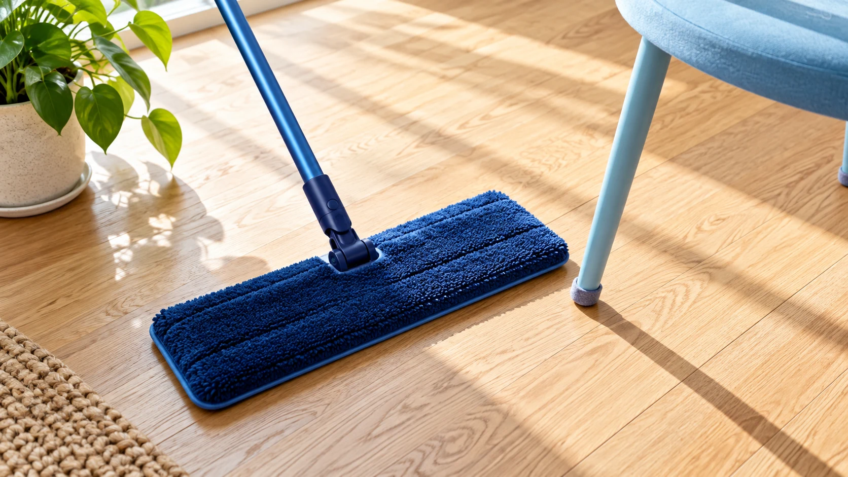 Navy floor-care pad beside a pale-cyan chair leg on dry natural oak flooring.
