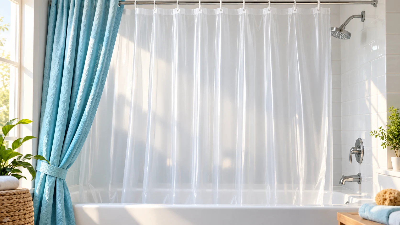 A translucent shower liner hangs freely in soft daylight with a cyan fabric curtain drawn aside.