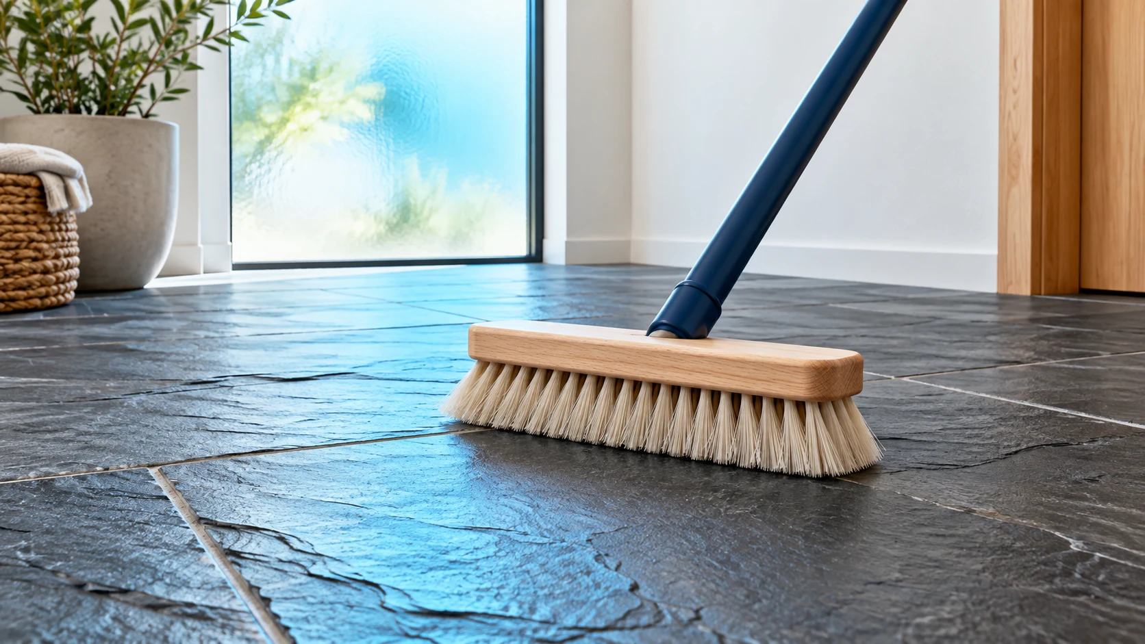 A soft floor brush rests on textured charcoal slate under pale blue window light.