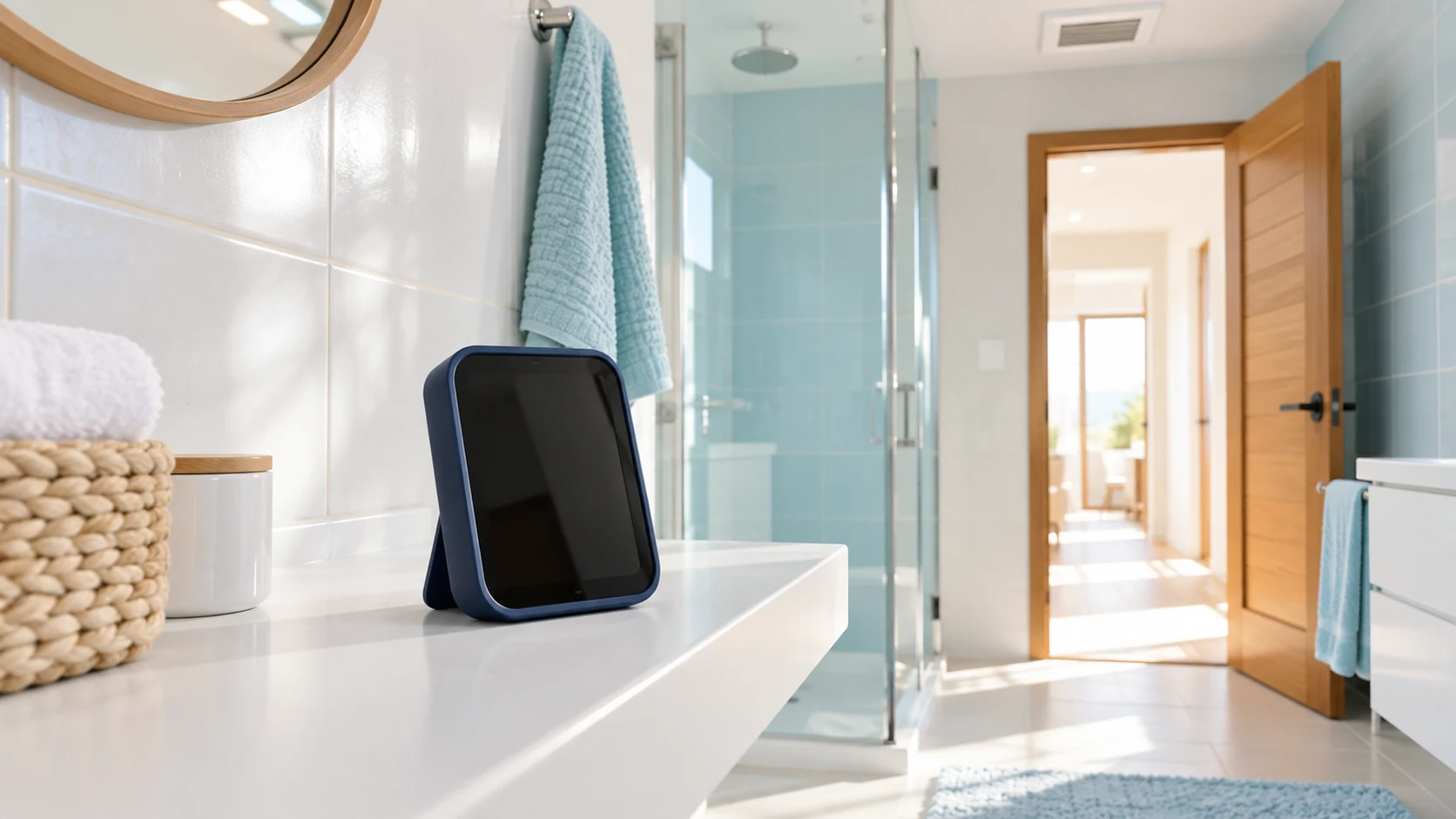 A navy humidity meter with an unreadable screen sits in a dry bathroom with an open doorway.
