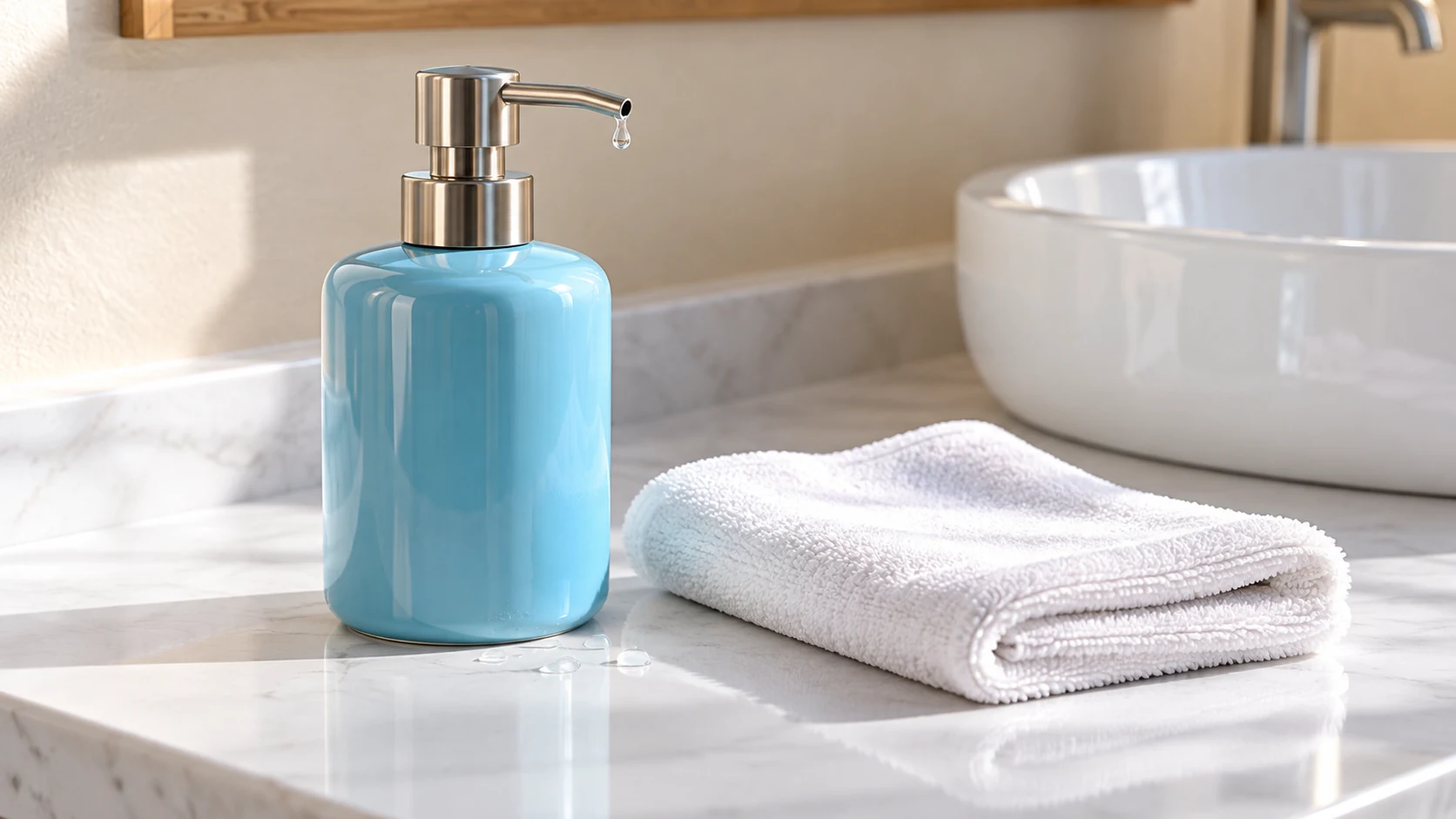 A cyan manual soap dispenser stands beside a soft white cloth with a few small soap droplets near its pump.