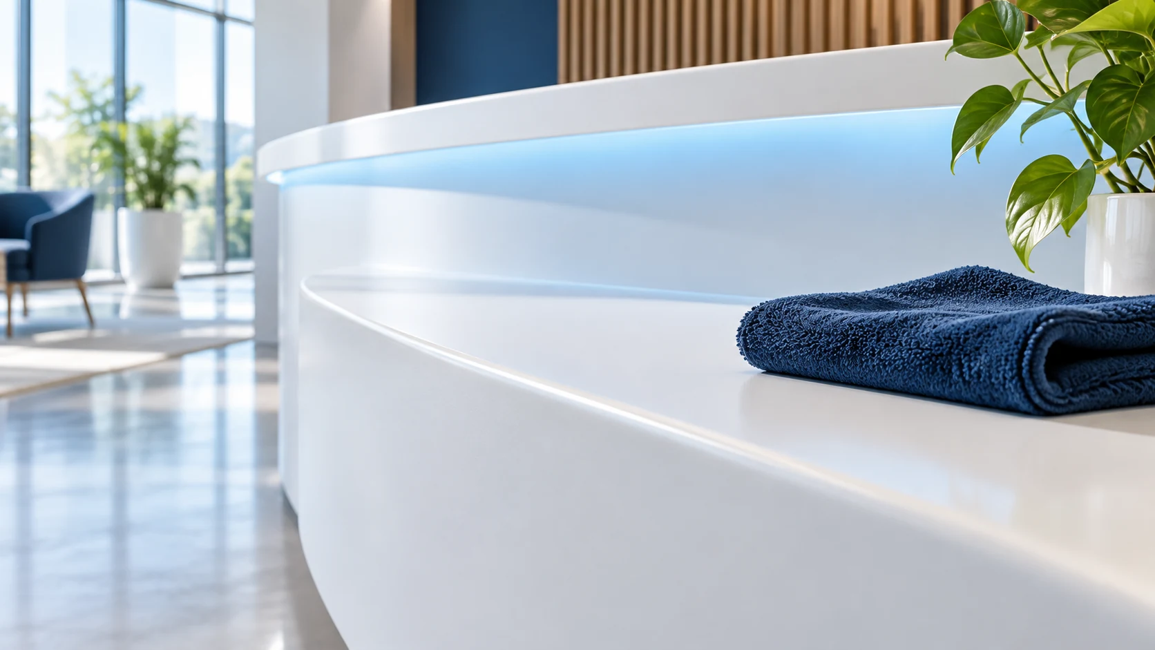 Smooth curved white solid-surface reception ledge with a navy microfiber cloth and soft cyan reflection.