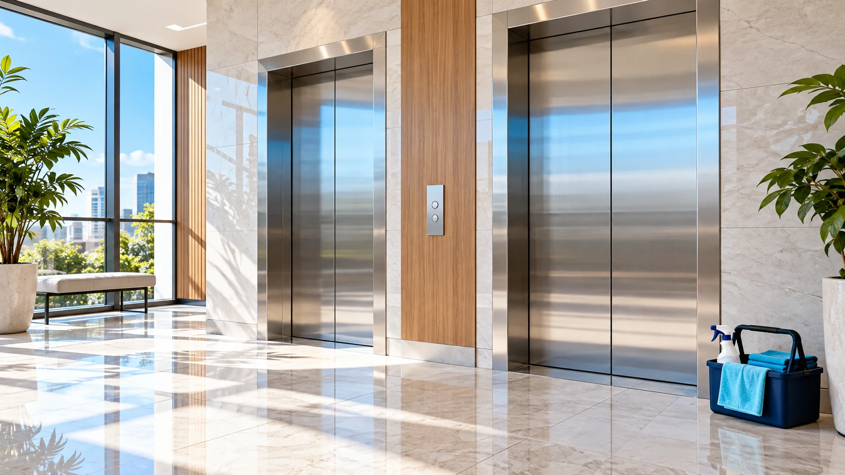 Closed brushed-steel elevator doors in a bright lobby with a cleaning caddy safely to one side.