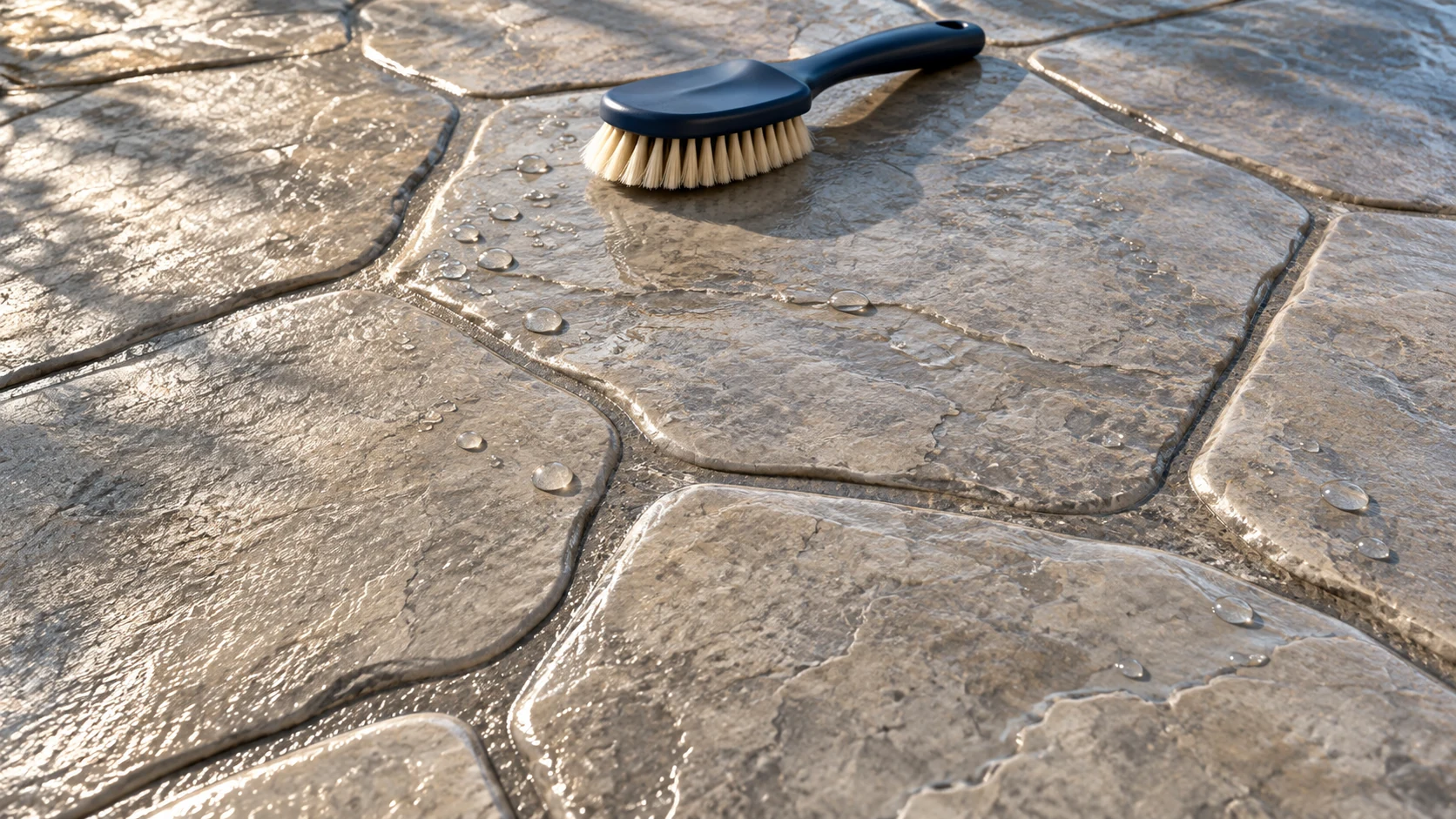 Stamped concrete texture with a soft brush and a few water droplets.