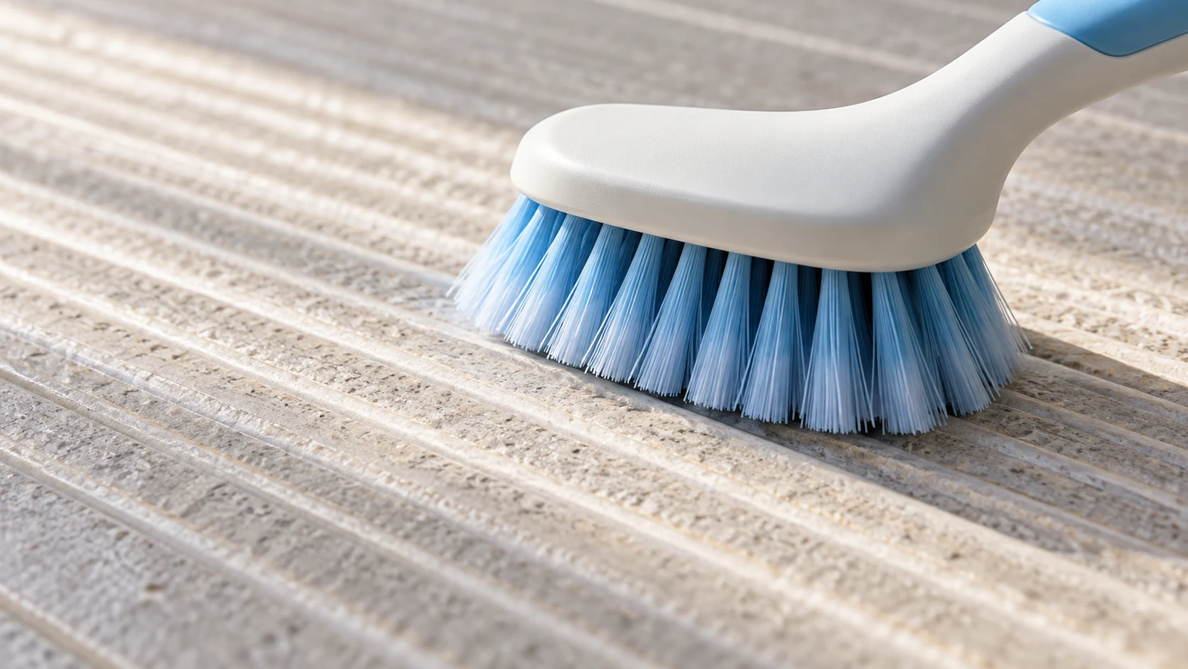 Soft blue nylon brush bristles meet the shallow ridges of a pale textured porcelain tile.