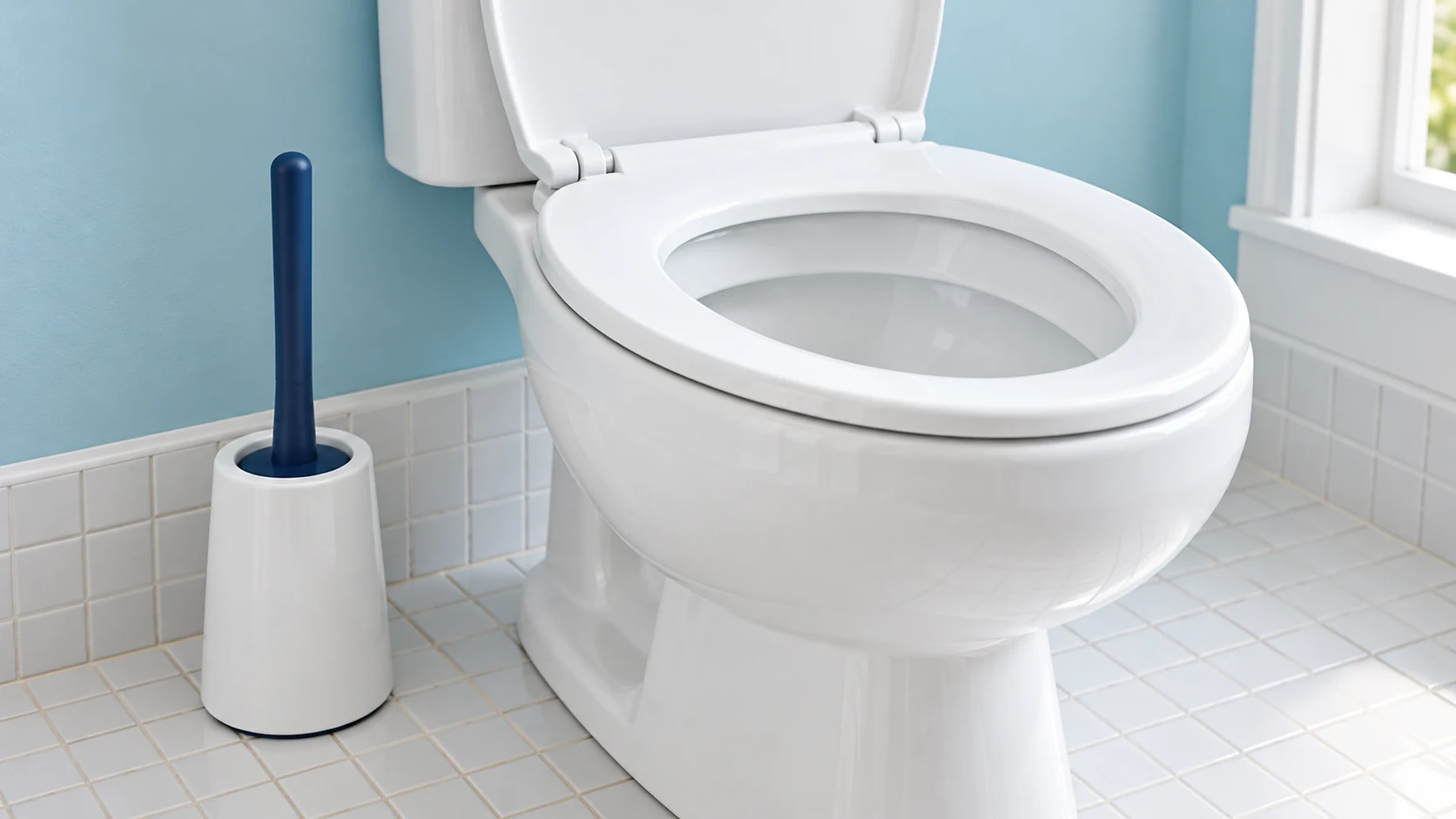 A white toilet bowl and dedicated navy-handled brush in its holder sit in a bright uncluttered bathroom.