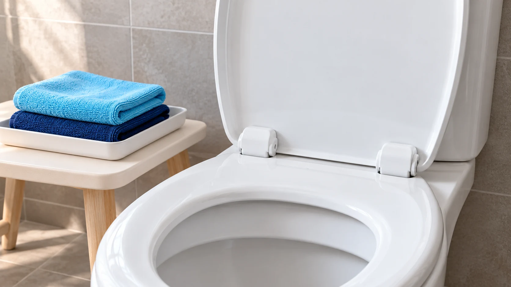 Intact white toilet-seat hinges are shown beside cyan and navy cloths stacked in an off-fixture tray.