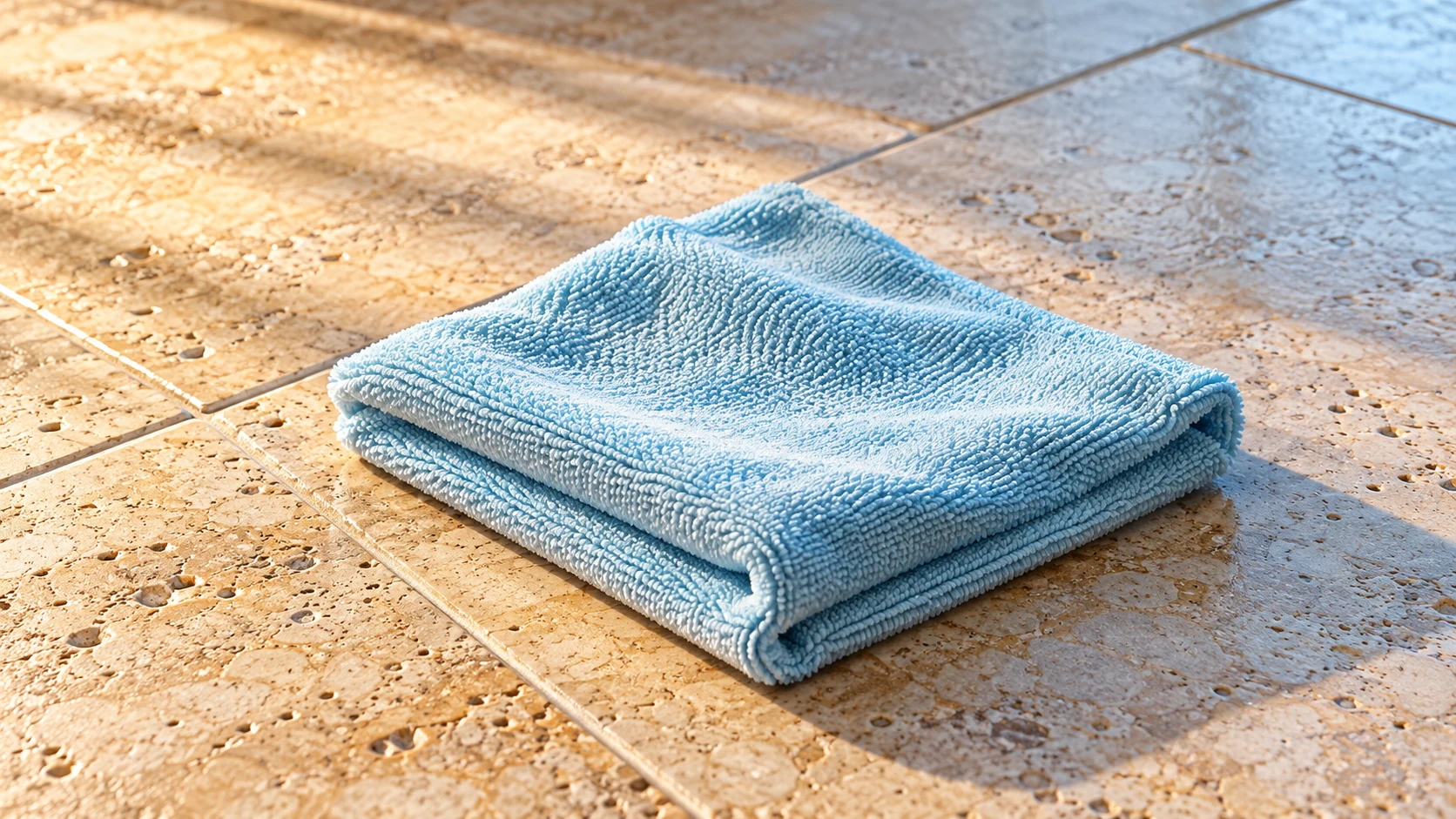 A pale-blue microfiber cloth rests on cream travertine with natural pores and warm mineral variation.