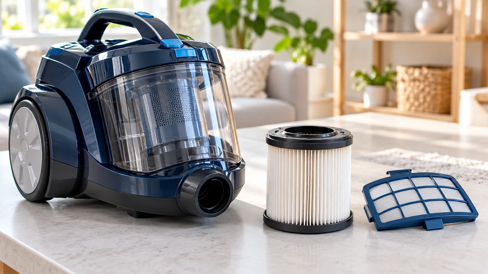 Dry pleated vacuum filter and plastic prefilter beside a navy vacuum casing.