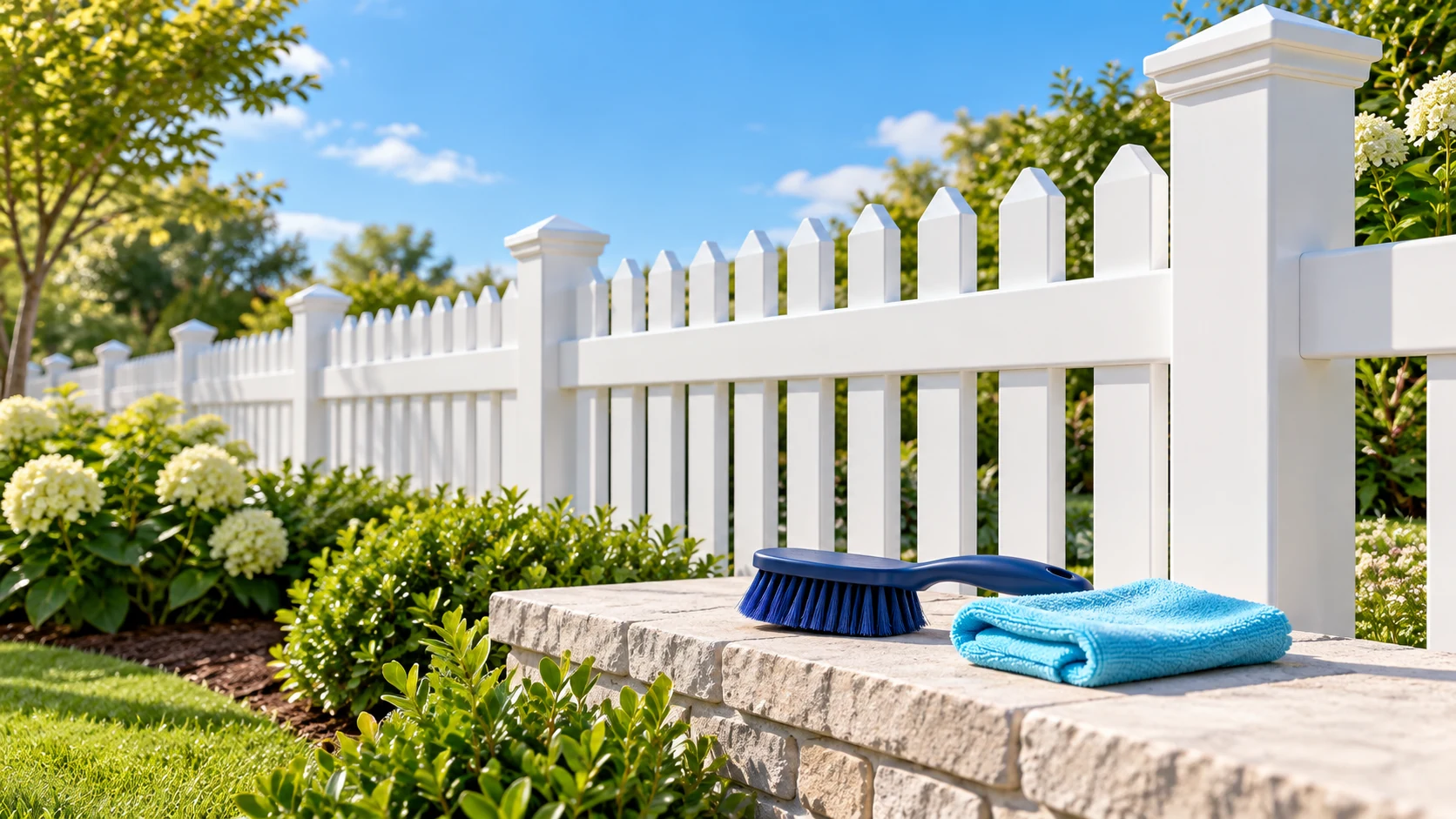 White vinyl fence with a soft navy brush and cyan cloth on a stone ledge.