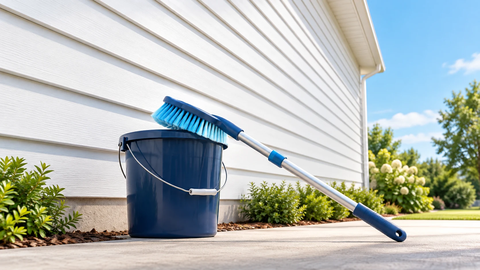 White vinyl siding with a soft long-handled brush and pail at ground level.