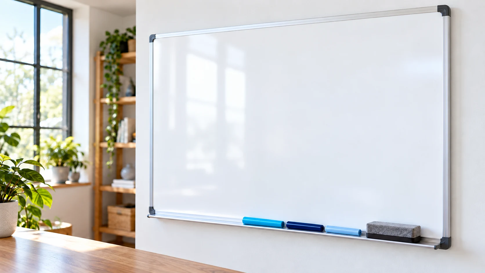 Blank whiteboard with three plain blue markers and a felt eraser on its tray.