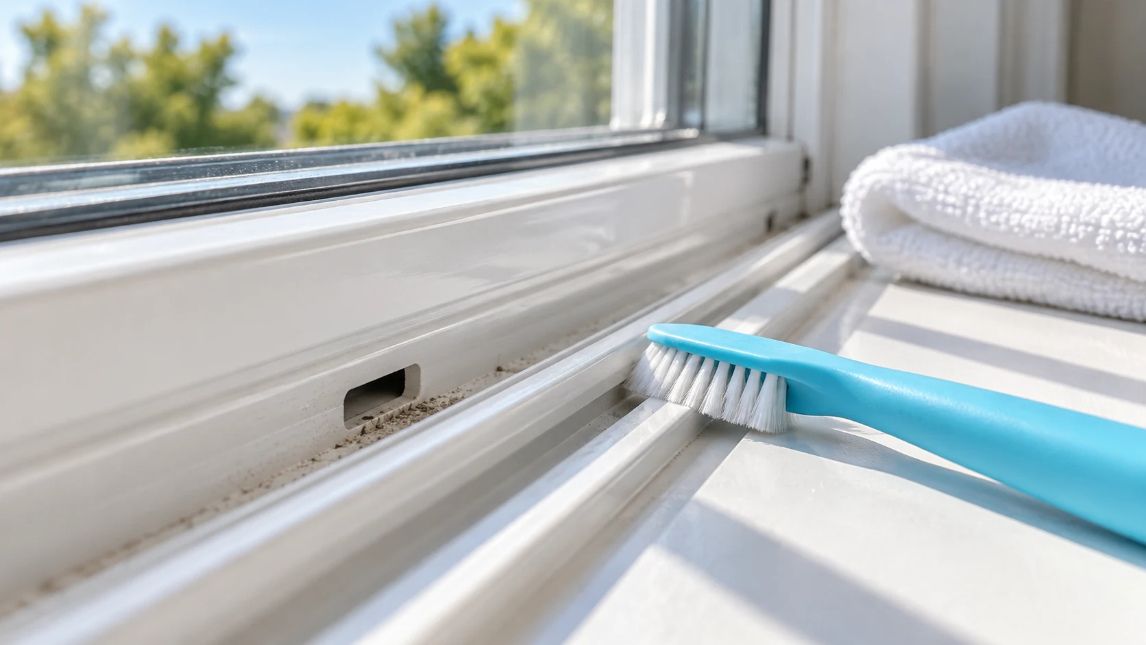 Cyan soft brush beside a white window track with a visible drainage opening and a folded white cloth.