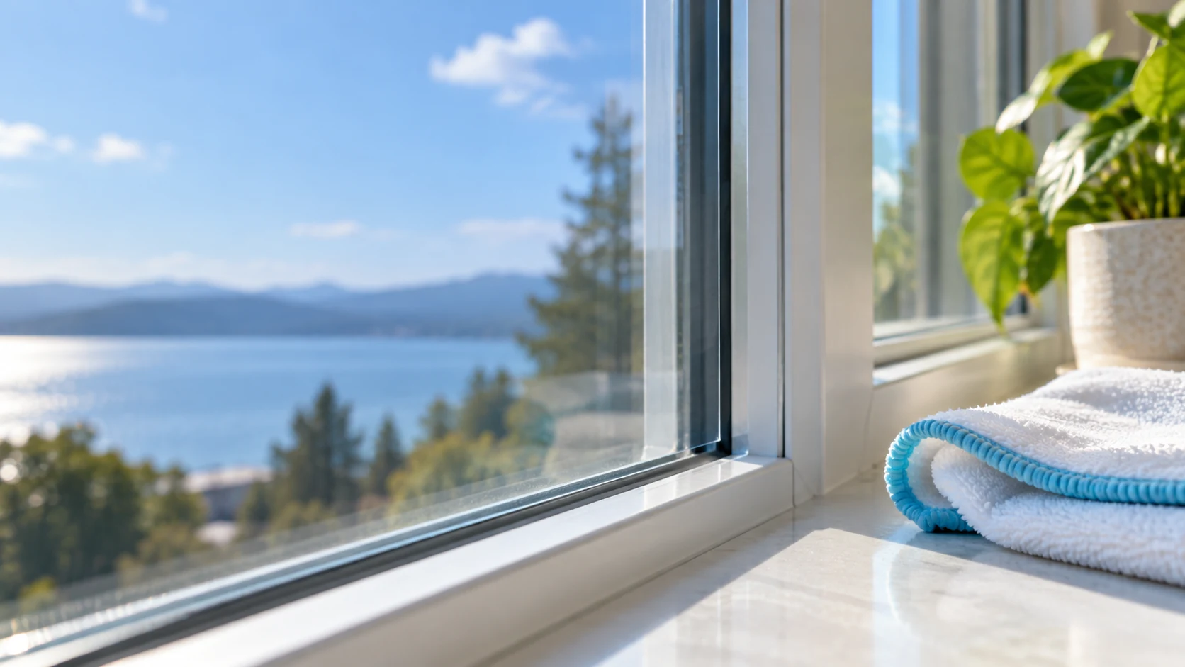 Close view of a clear window-film perimeter beside a dry folded cloth with cyan edging.