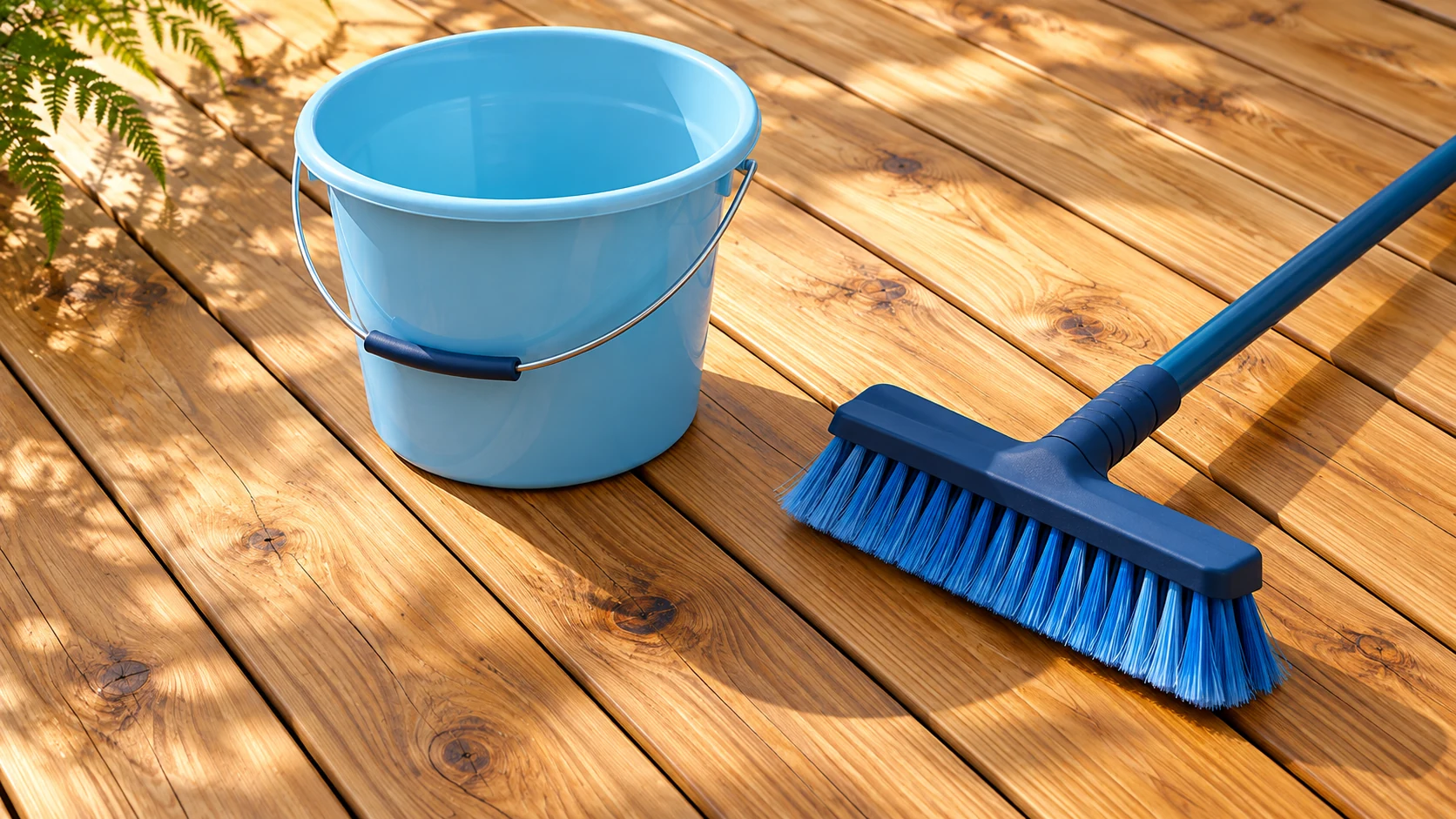 Pale blue bucket and soft deck brush on sound natural-wood decking.