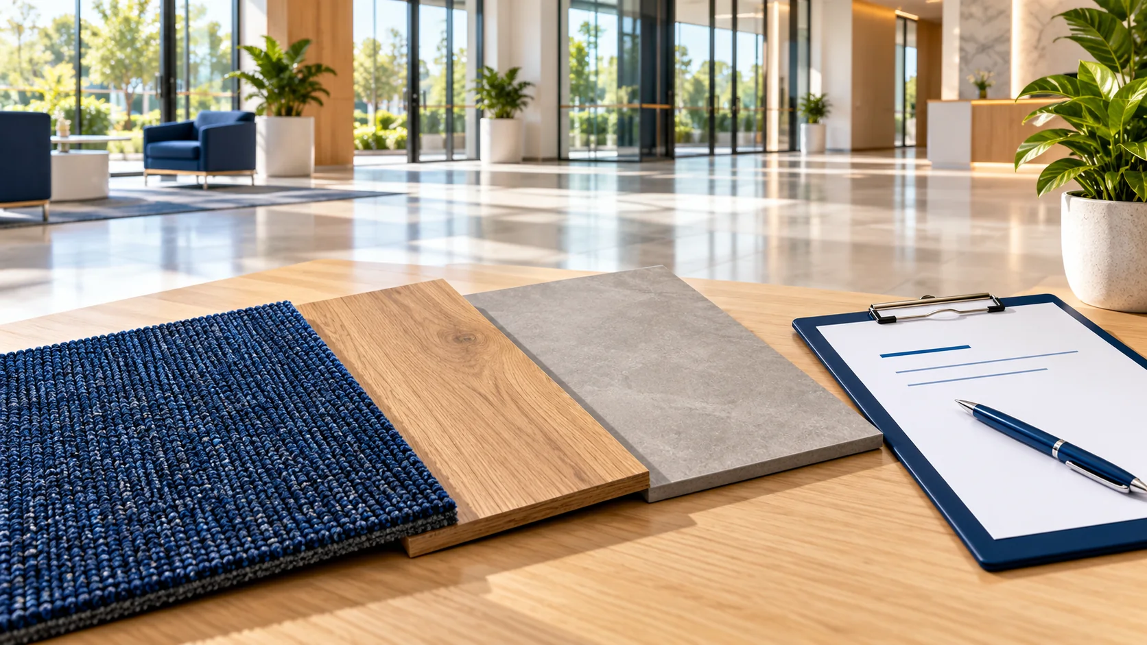 Carpet, wood-look resilient flooring, and tile samples arranged beside an unmarked service-plan clipboard.